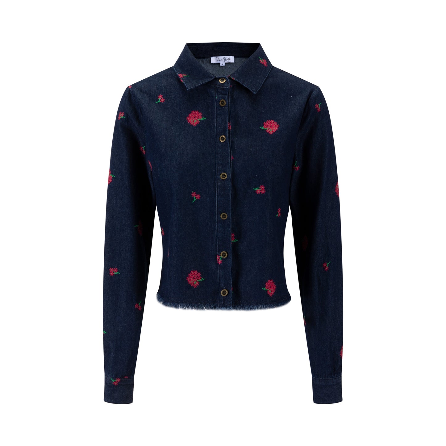 Red Flowers Embroidered Denim Top - Dark Blue
