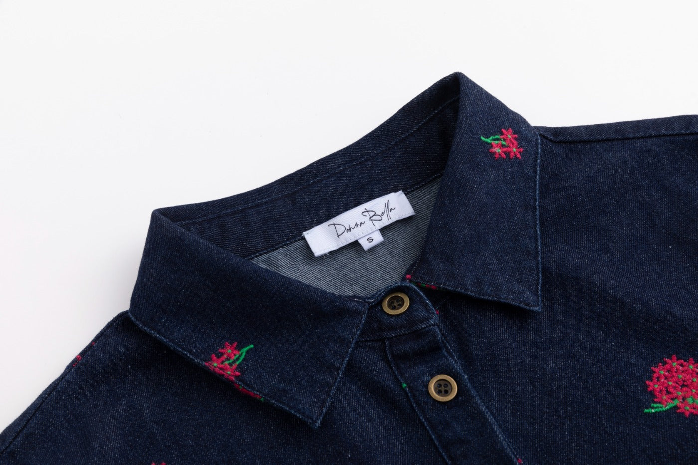 Red Flowers Embroidered Denim Top - Dark Blue