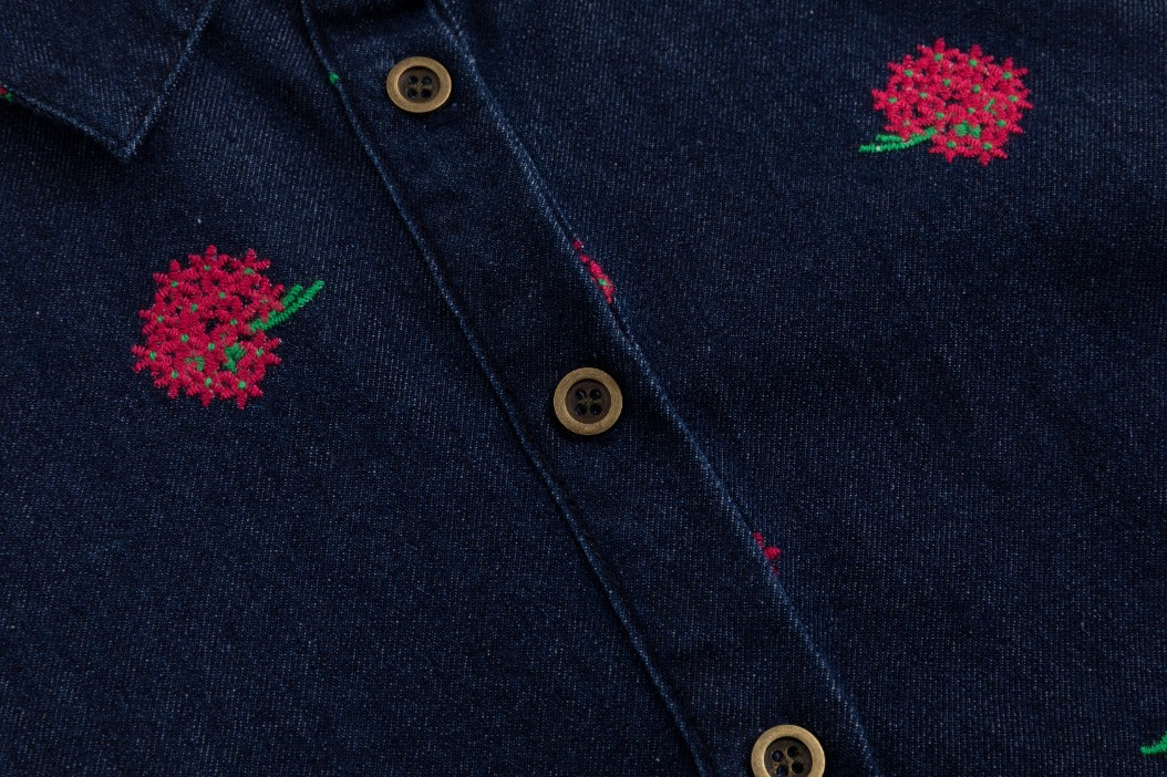 Red Flowers Embroidered Denim Top - Dark Blue