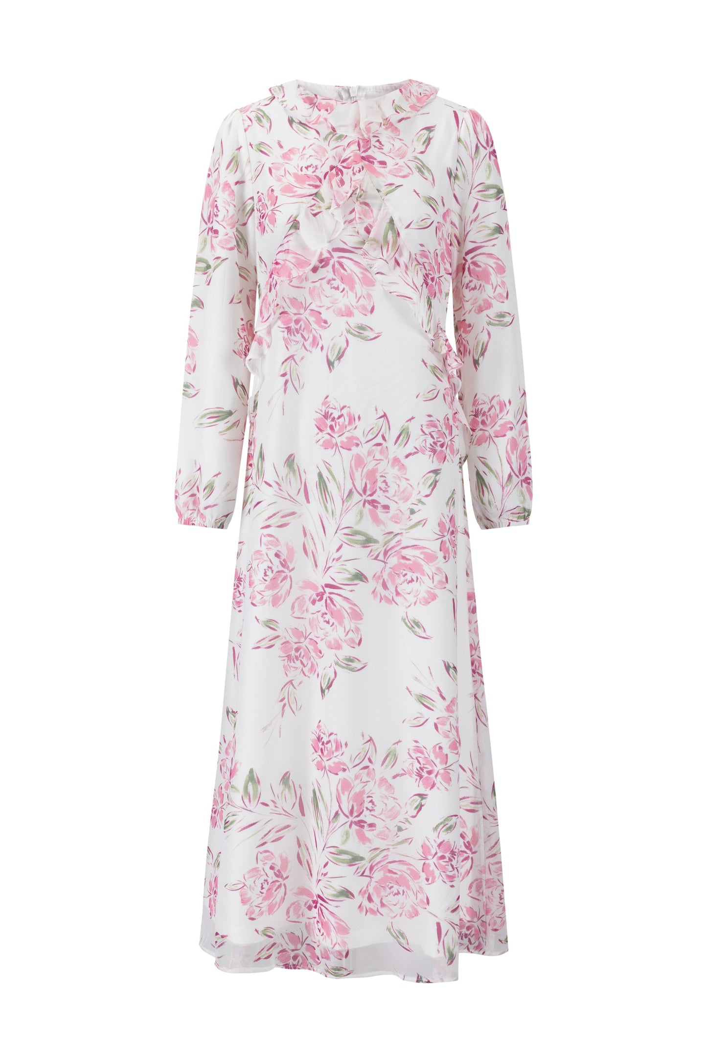 Ruffle Detail Pink Flower Print White Dress