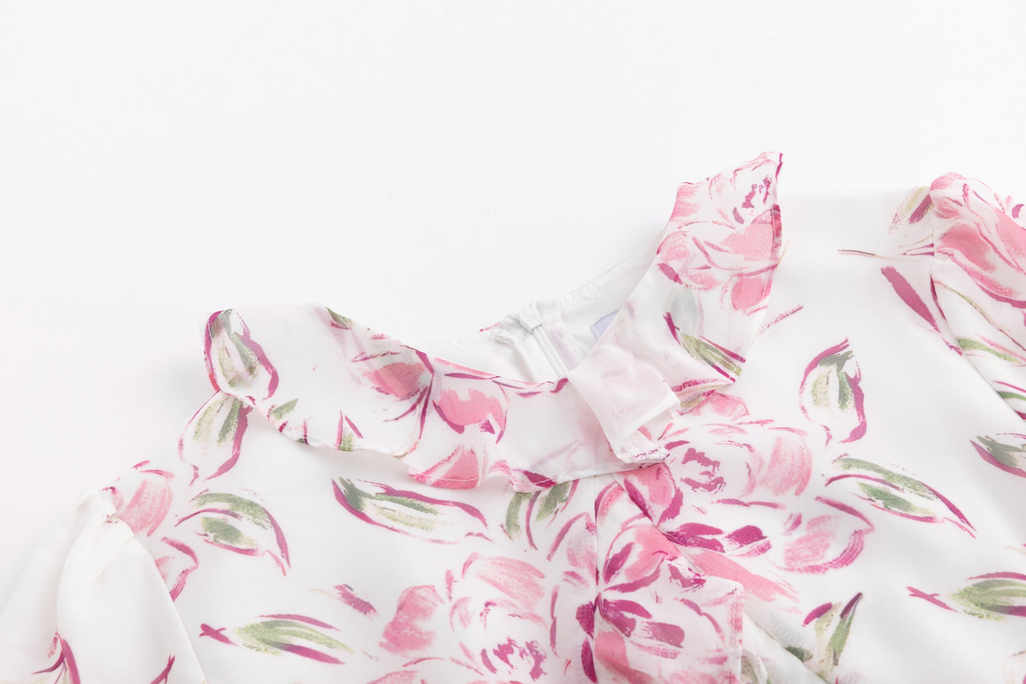 Ruffle Detail Pink Flower Print White Dress
