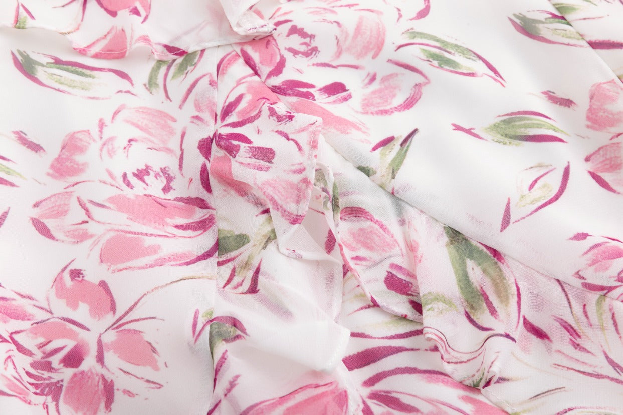 Ruffle Detail Pink Flower Print White Dress