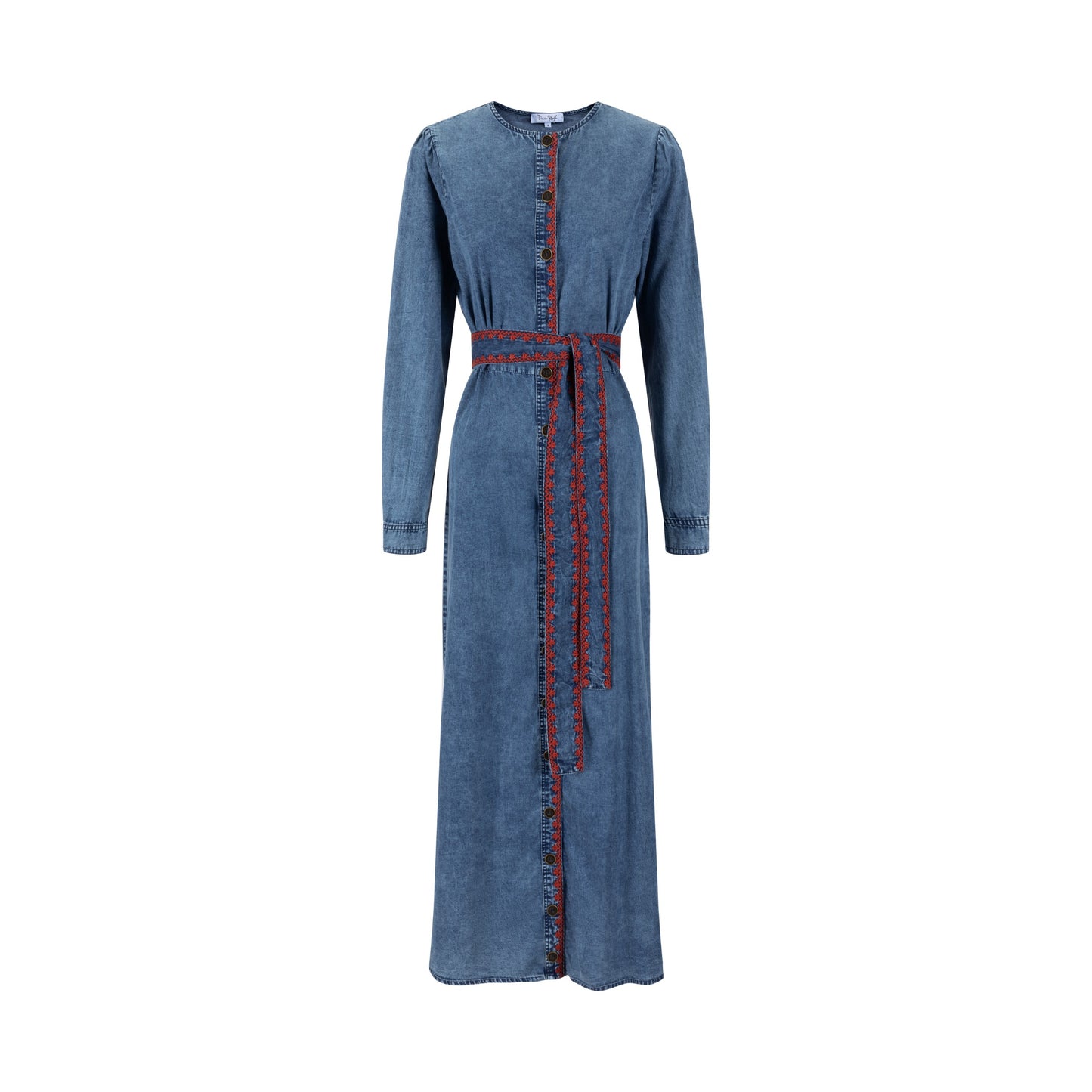 Red Embroidery Trim Denim Dress
