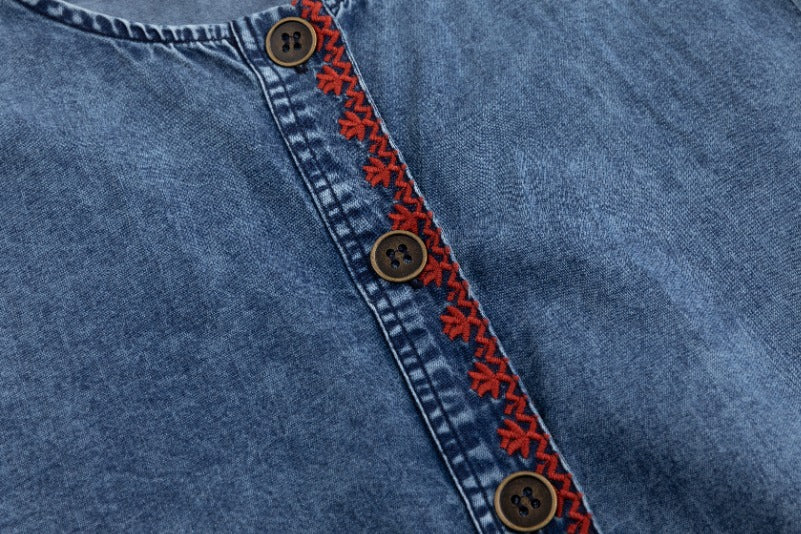Red Embroidery Trim Denim Dress