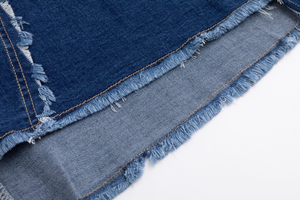 Side Frayed Denim Skirt - Blue Denim