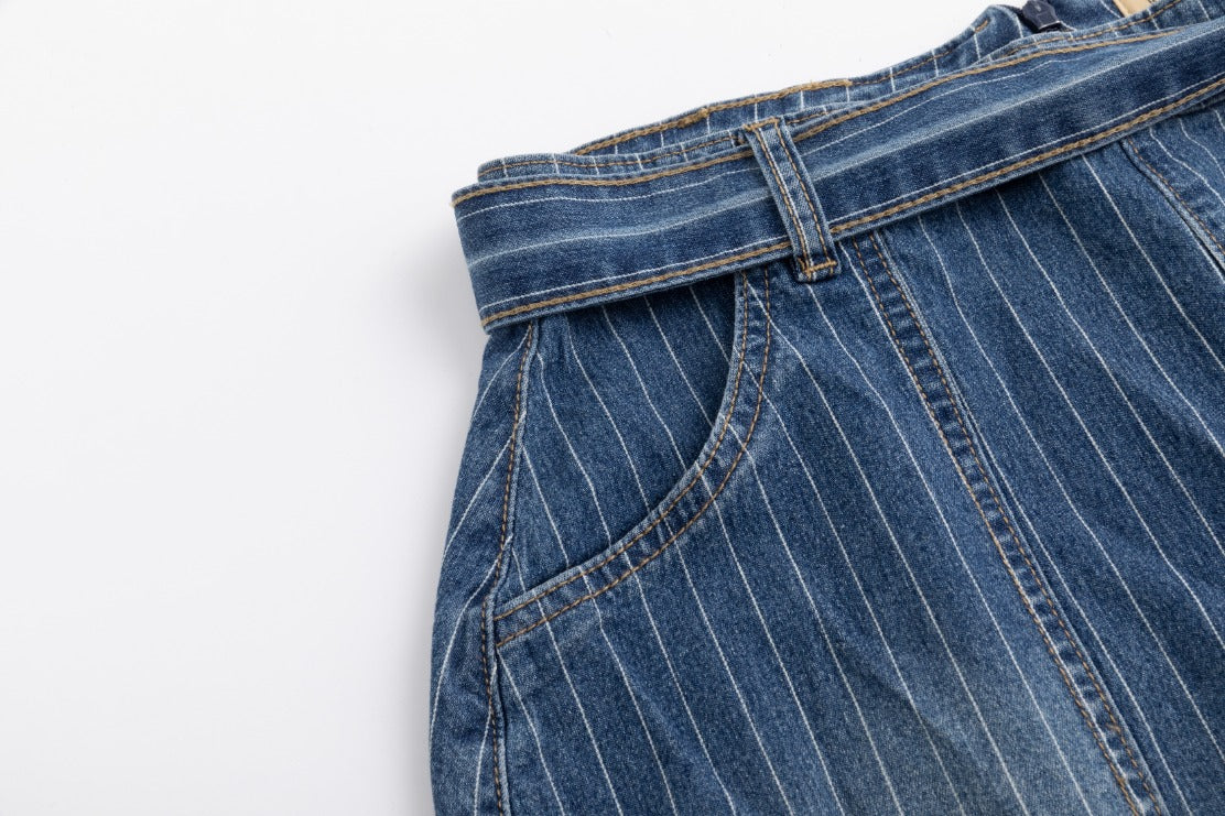 Pinstripe Denim Skirt - Blue Denim