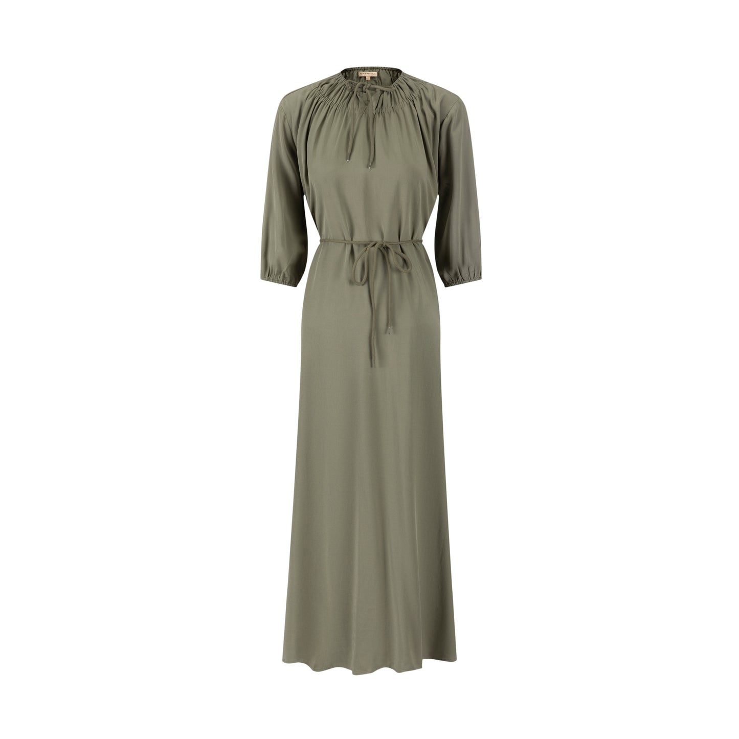 Linen Drawstring Neckline Dress - Green