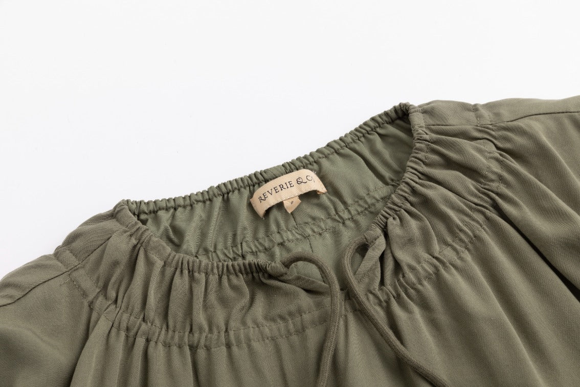 Linen Drawstring Neckline Dress - Green