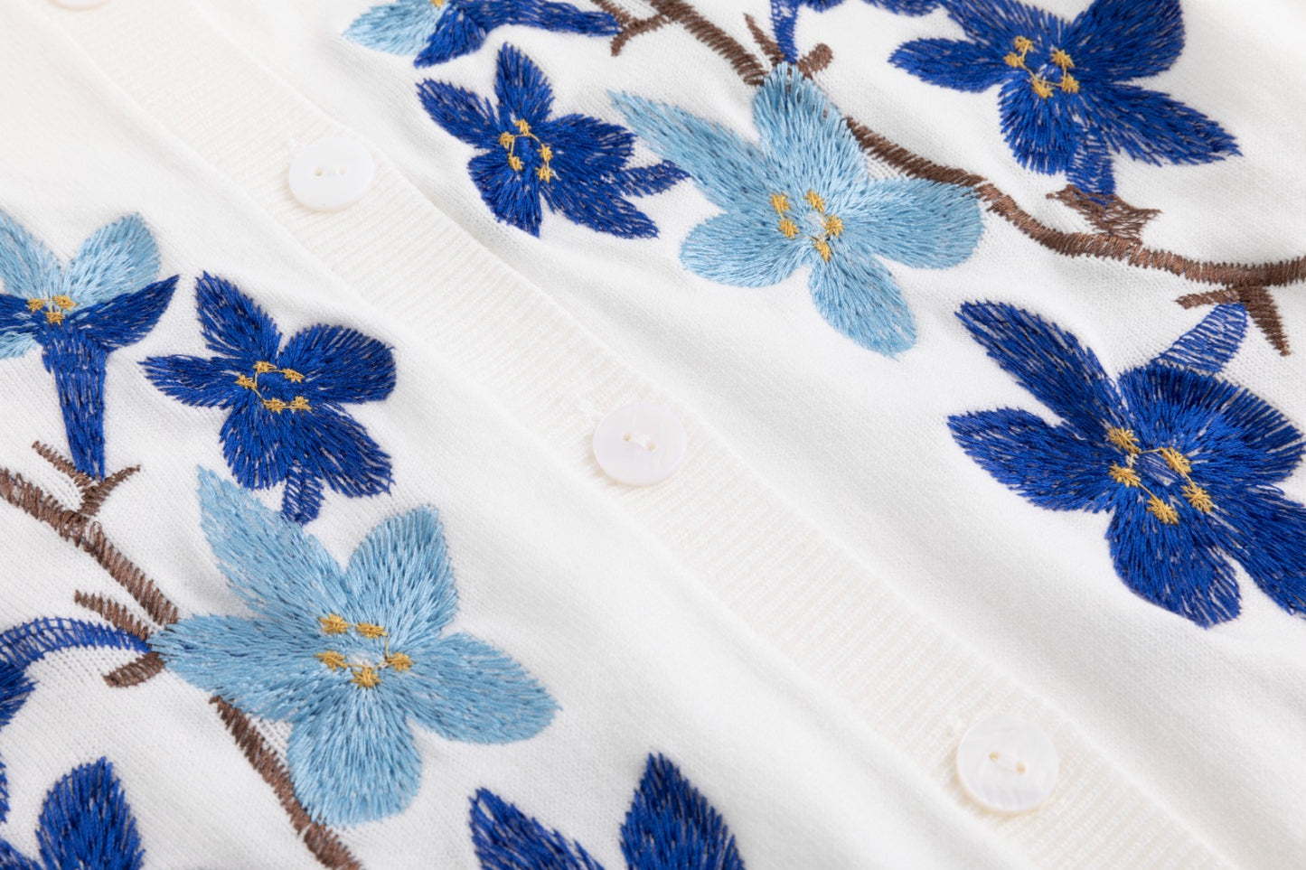 Knit Cardigan With Dark Bule Embroidery - Ivory