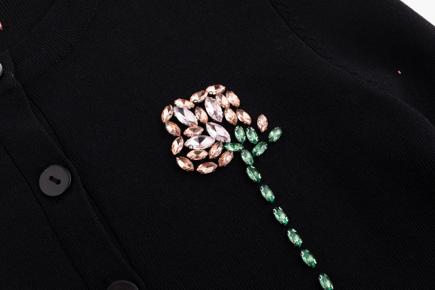 Knit Cardigan With Beaded Flower - Black