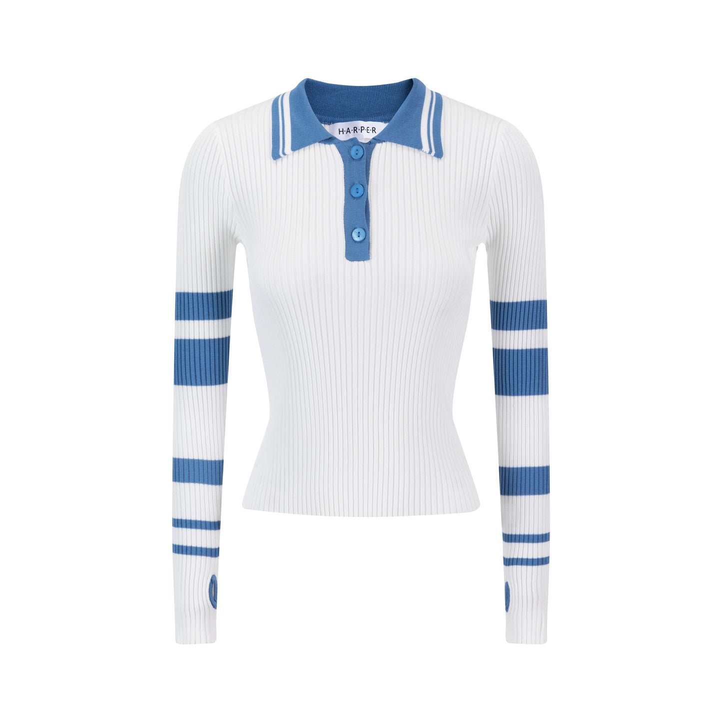 Blue And White Ribbed Knit Top