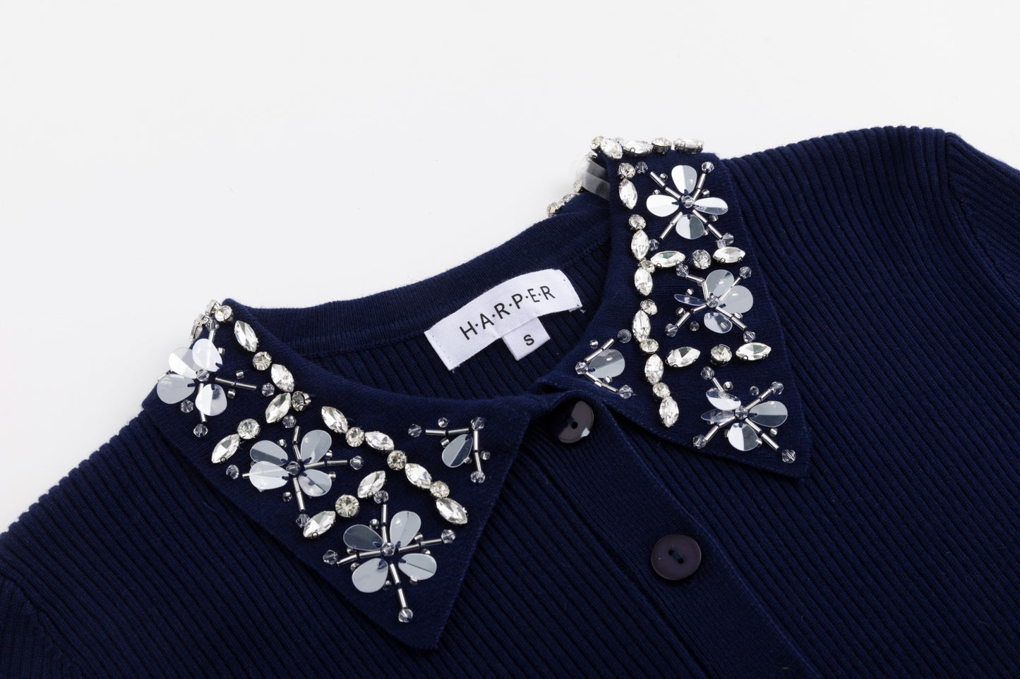 Knit Top With Beaded Collar - Navy
