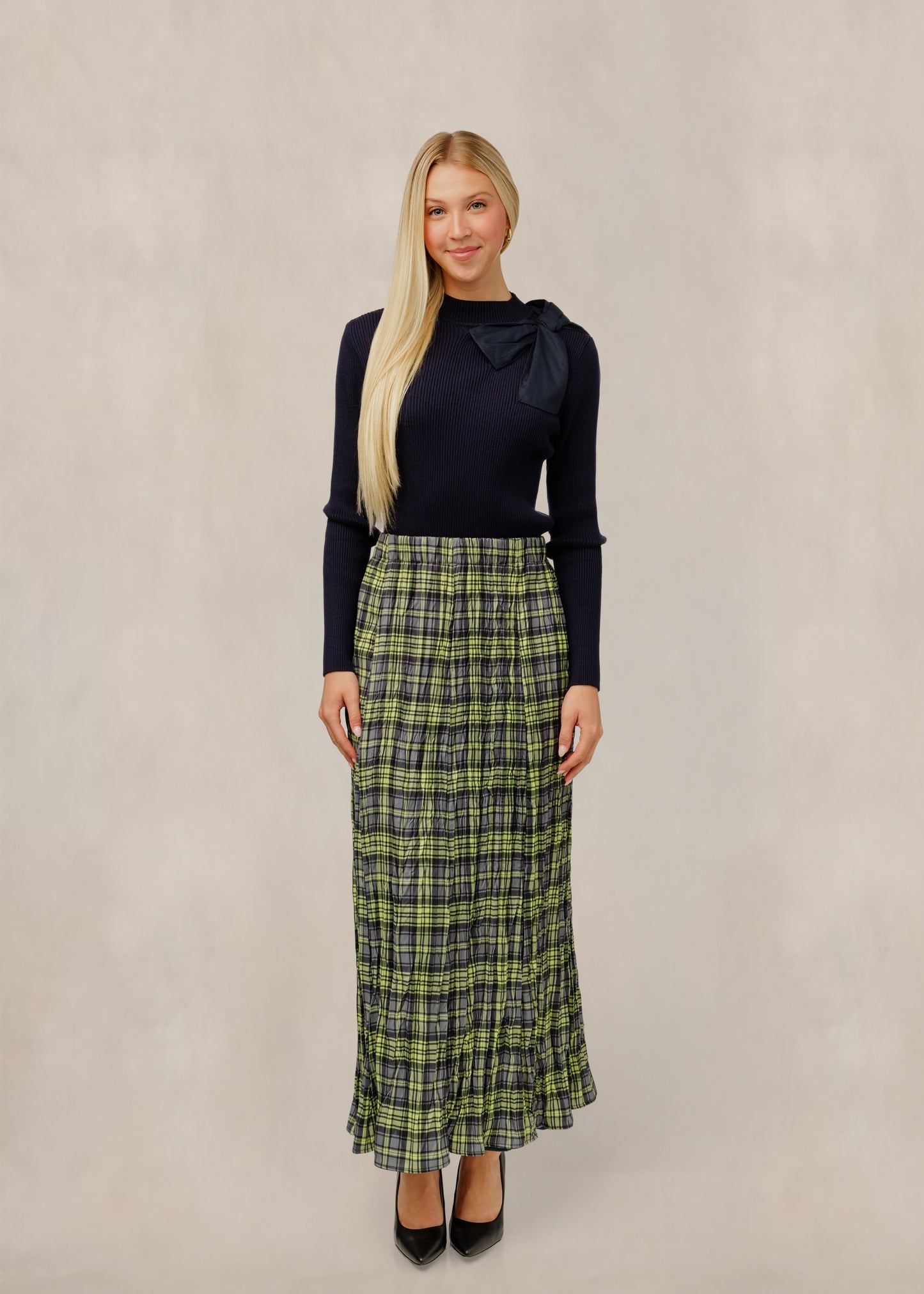 Shoulder Bow Ribbed Knit Top - Navy