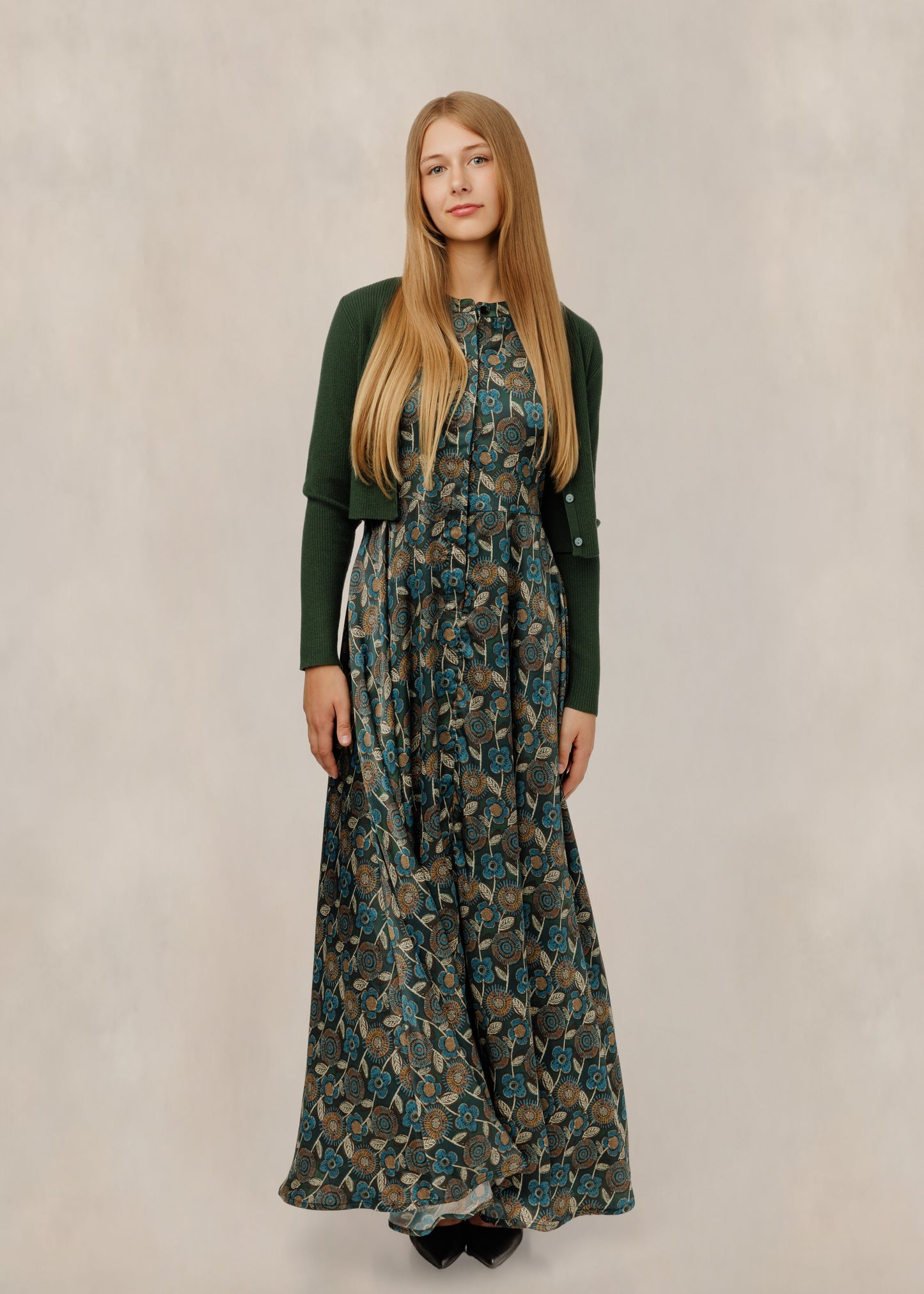 Button-Front Floral Dress W/ Green Cardigan