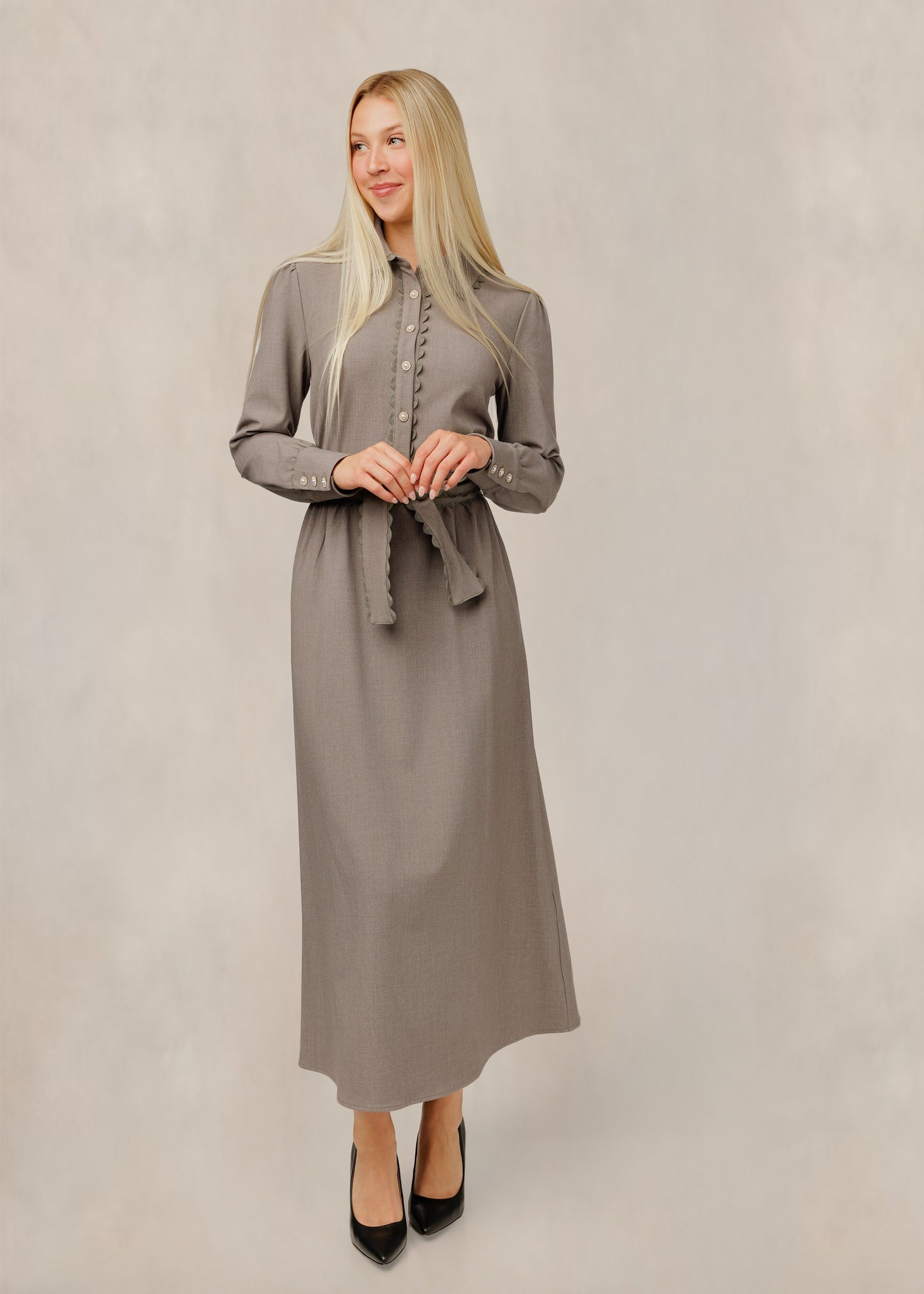 Button-Front Dress W/ Scalloped Trim & Tie Belt - Grey
