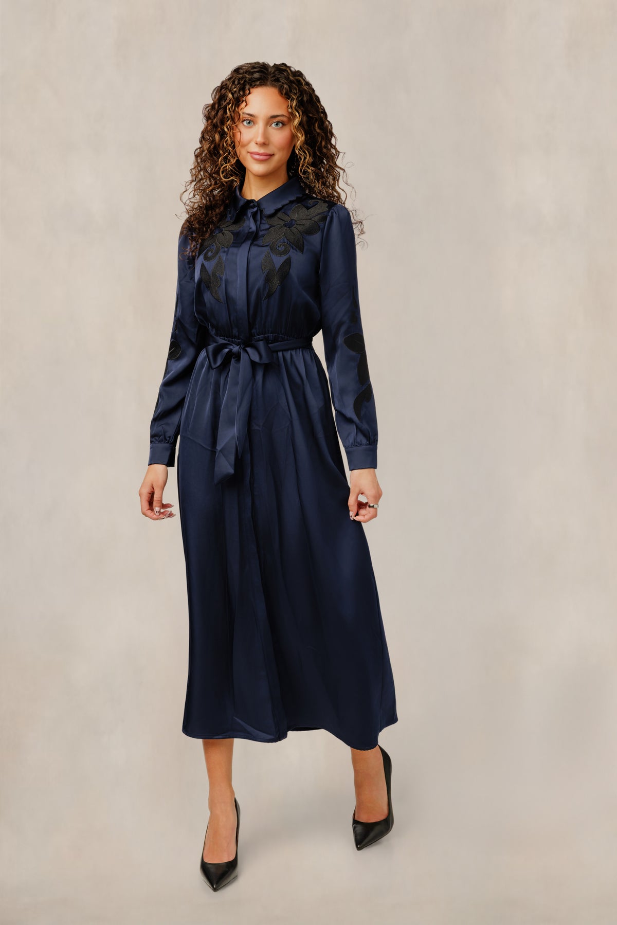 Navy Satin Tie Waist Dress W/ Floral Detail