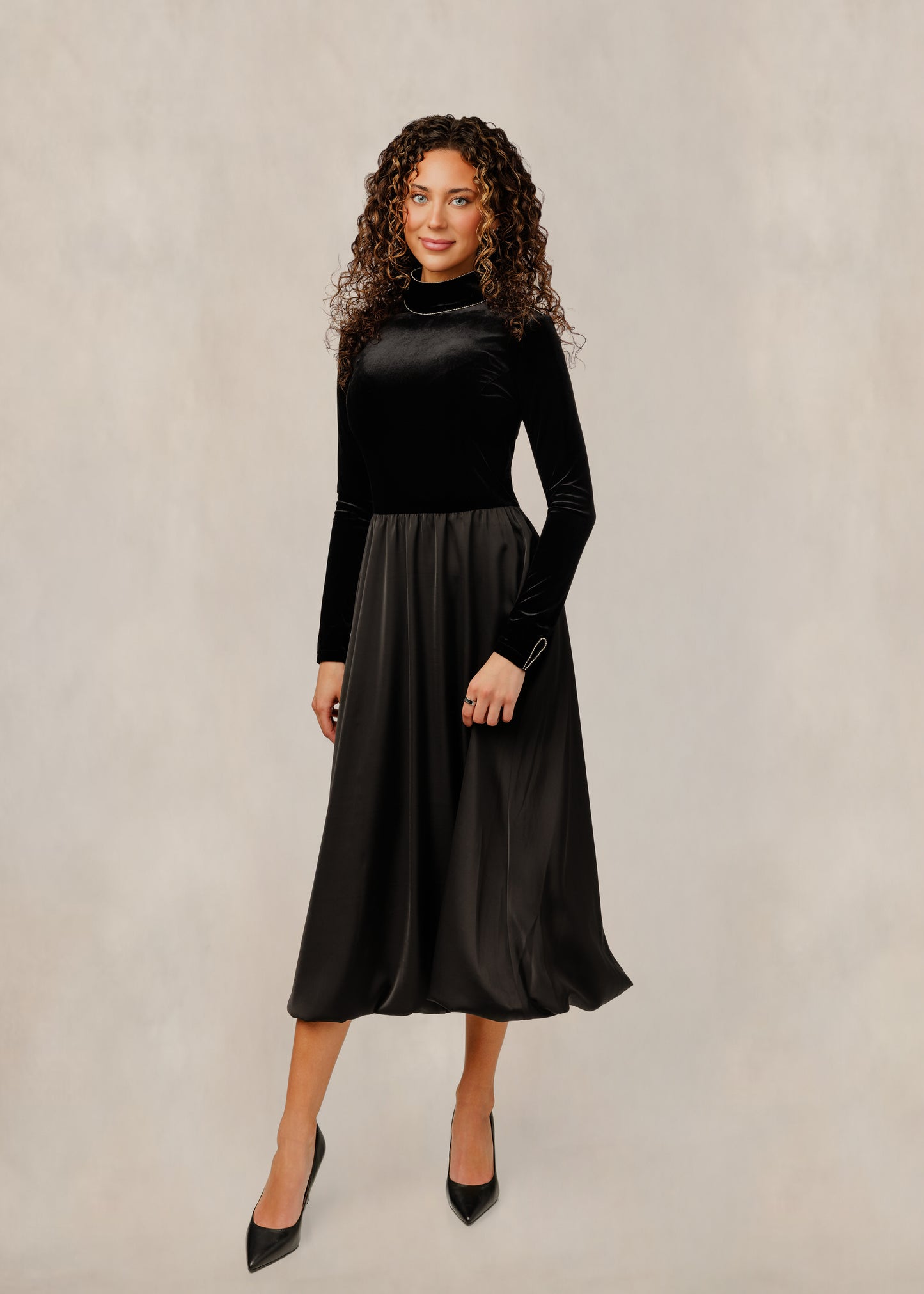 Black Velvet Bodice Satin Dress W/ Embellished Mock Neck
