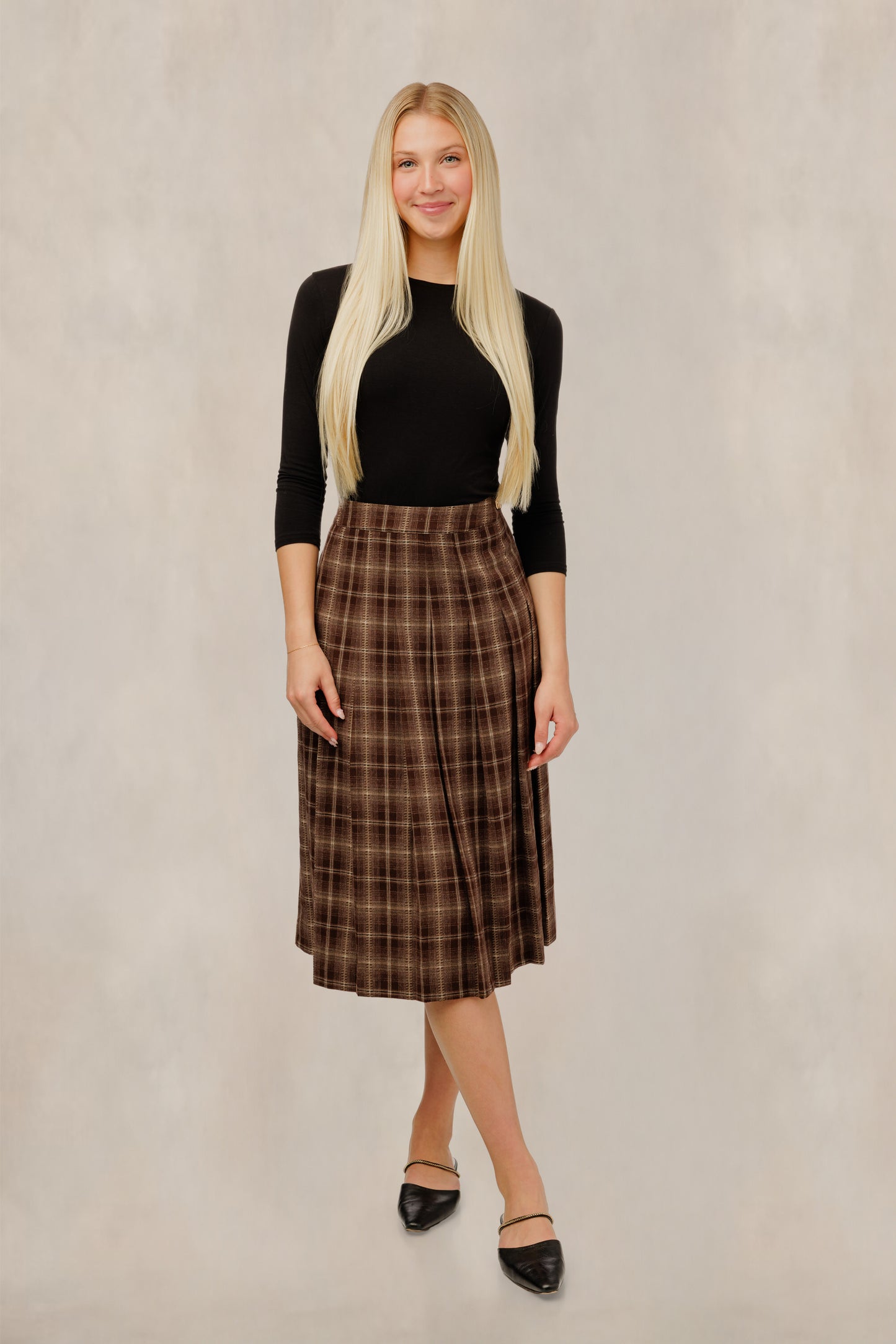 Plaid Midi Skirt - Brown