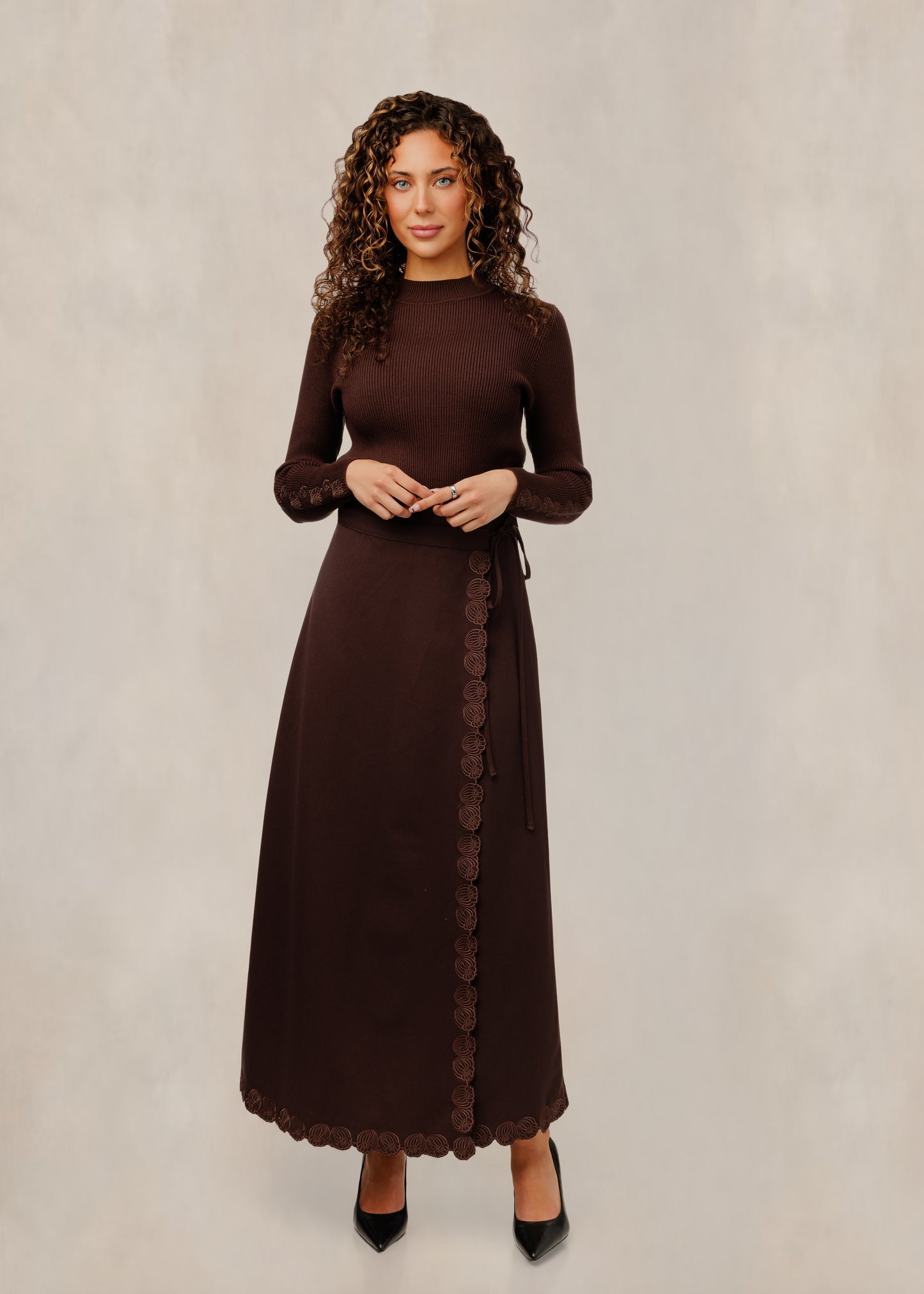 Brown Embroidered Cuff Ribbed Mock Neck