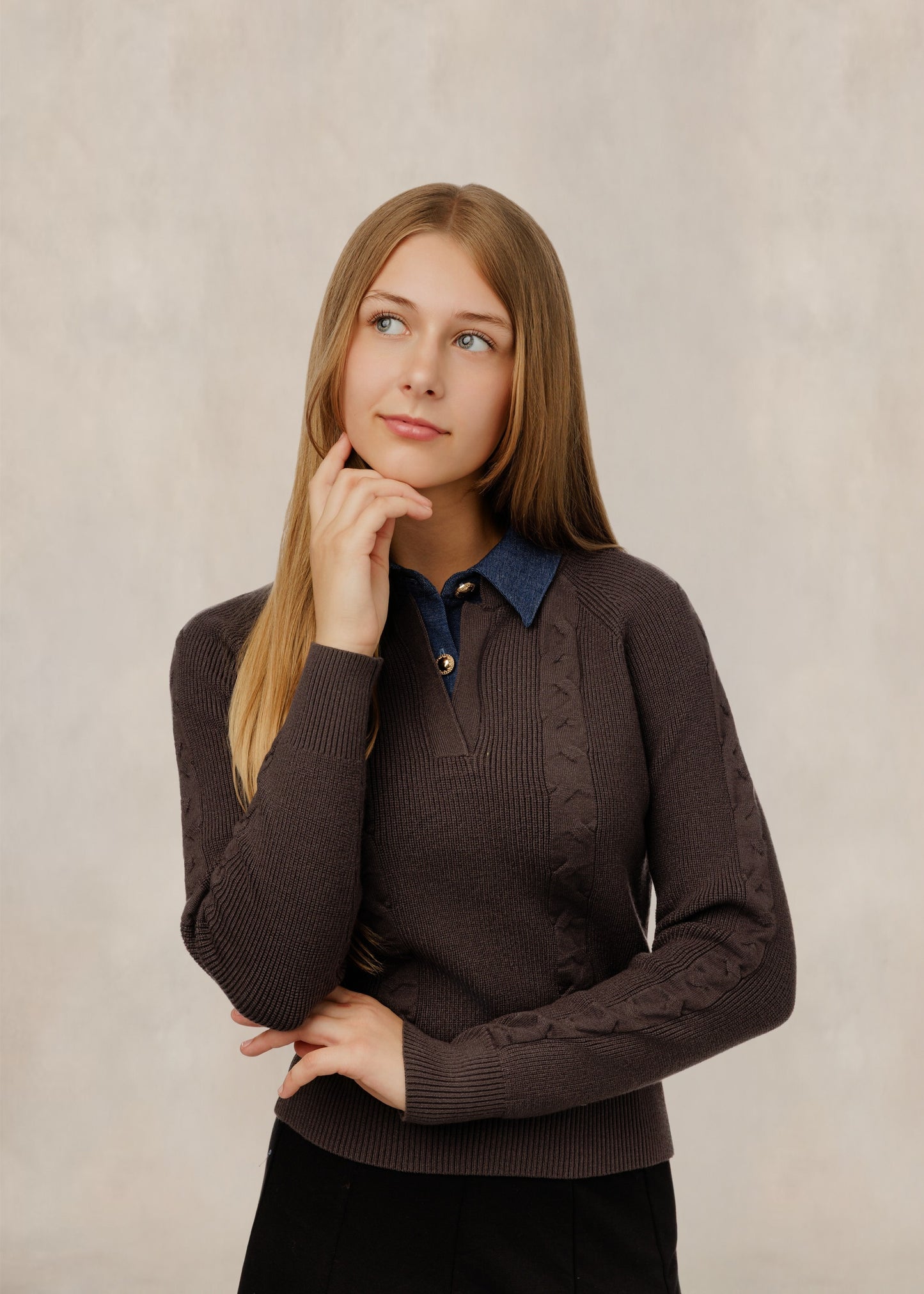 Cable Knit Denim Collar Sweater - Brown