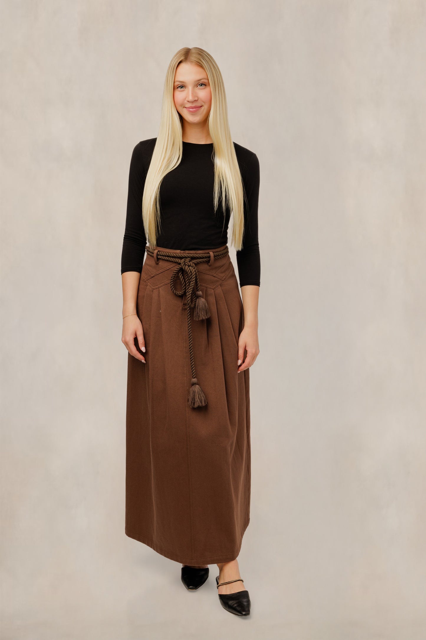 Brown High Waist Pleated Skirt W/ Rope Belt