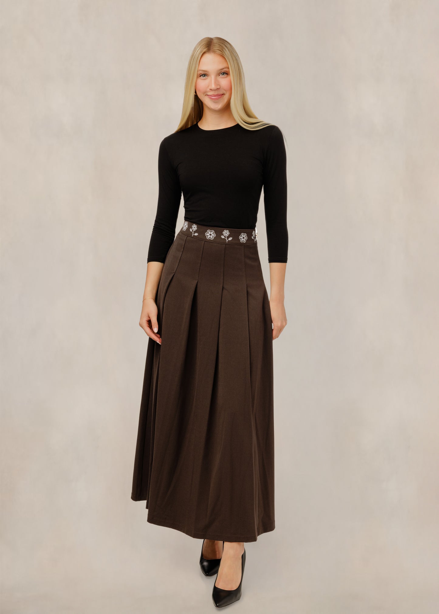 Pleated Skirt W/ Floral Embroidered Waist - Brown