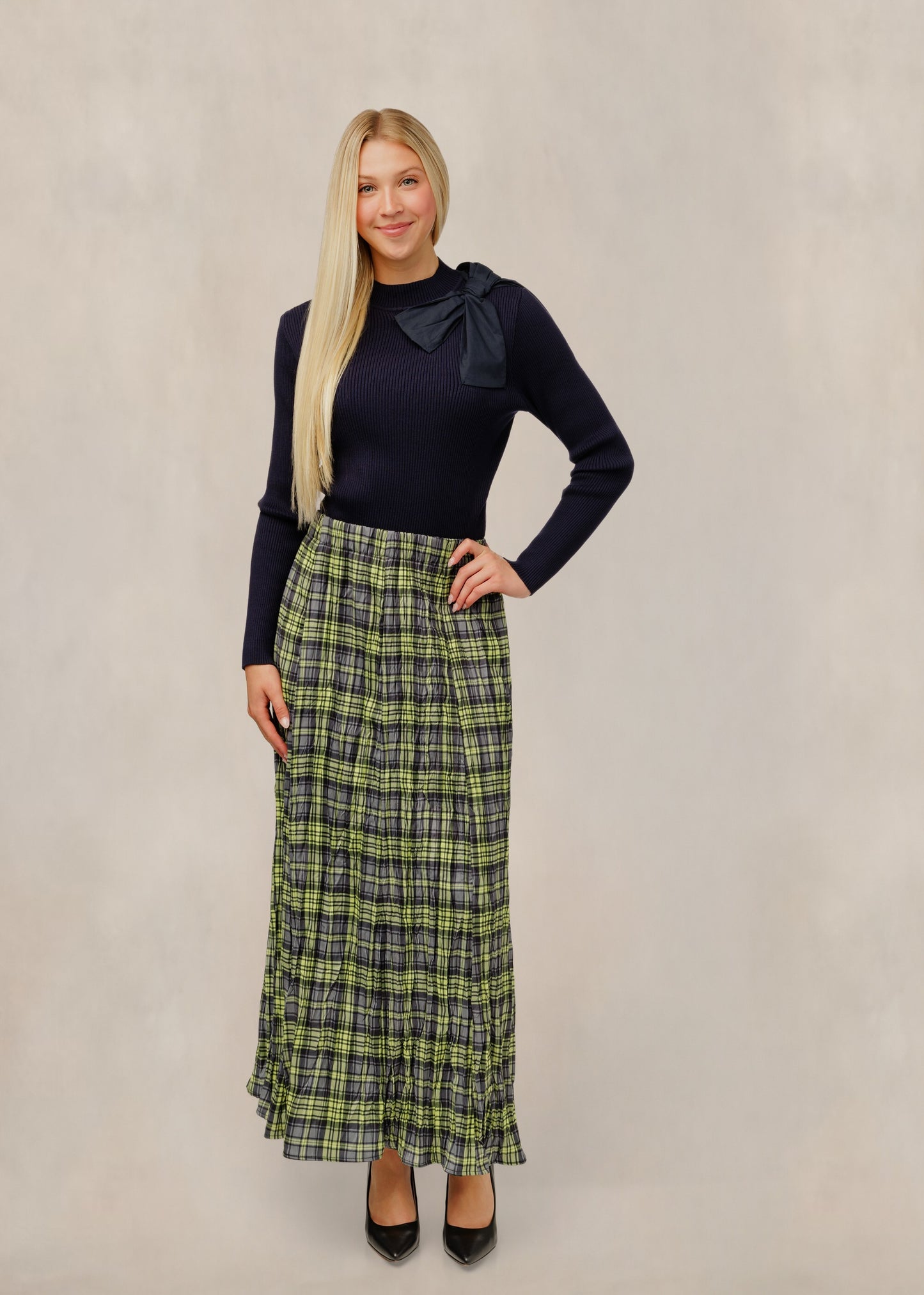 Lime & Navy Plaid Flowy Skirt