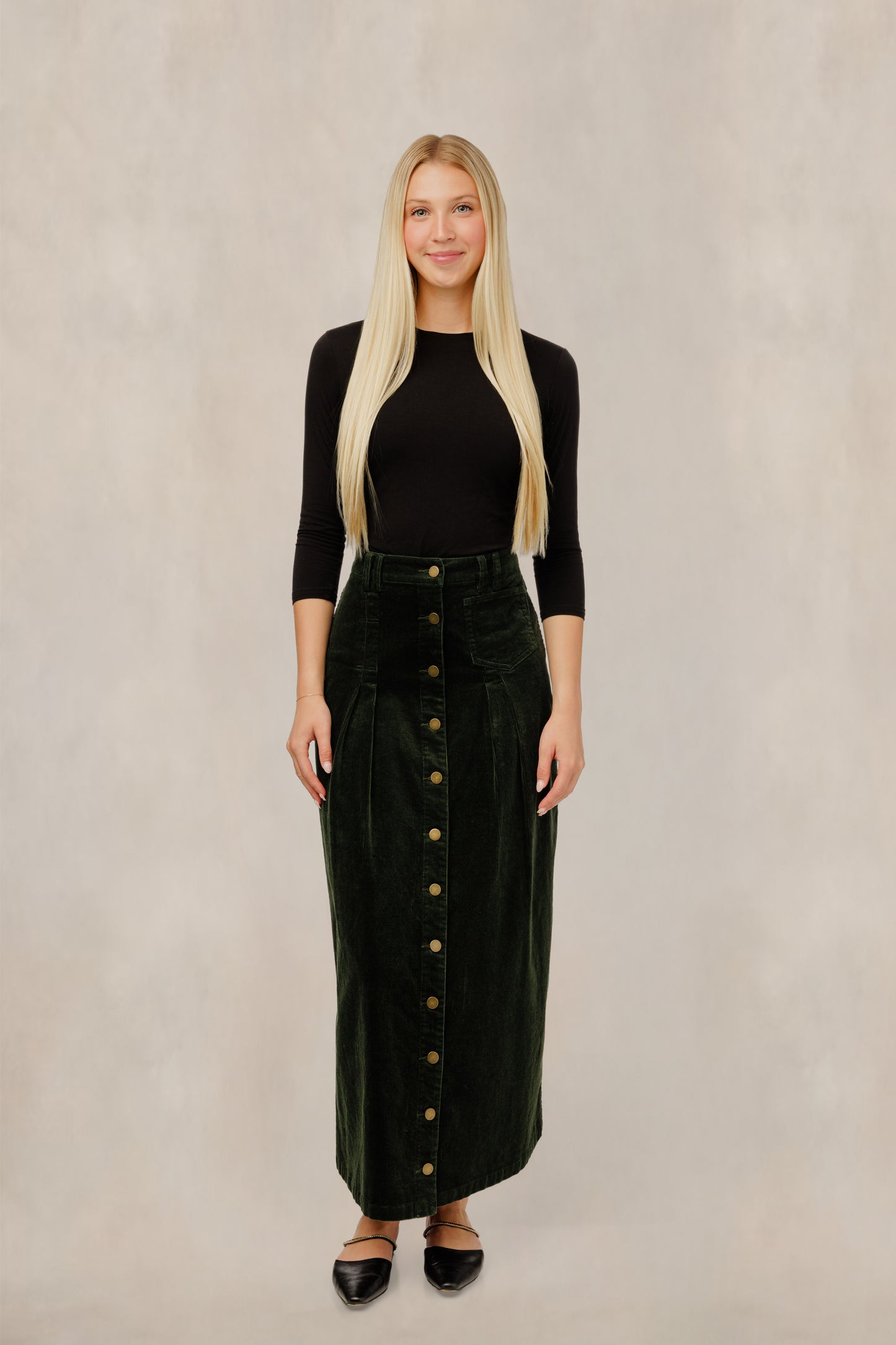Green Corduroy Button Down Column Skirt