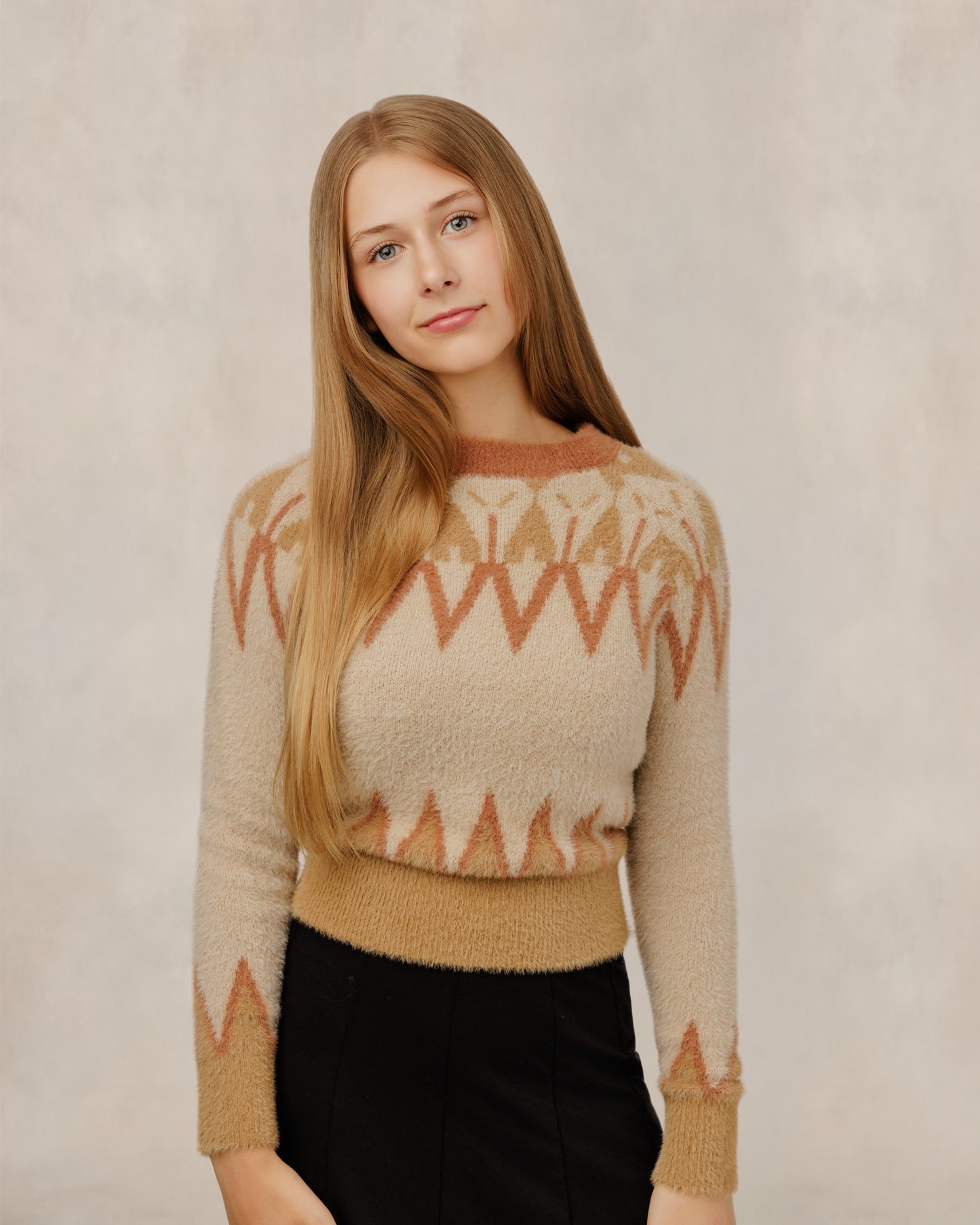 Beige & Orange Fuzzy Zig-Zag Sweater