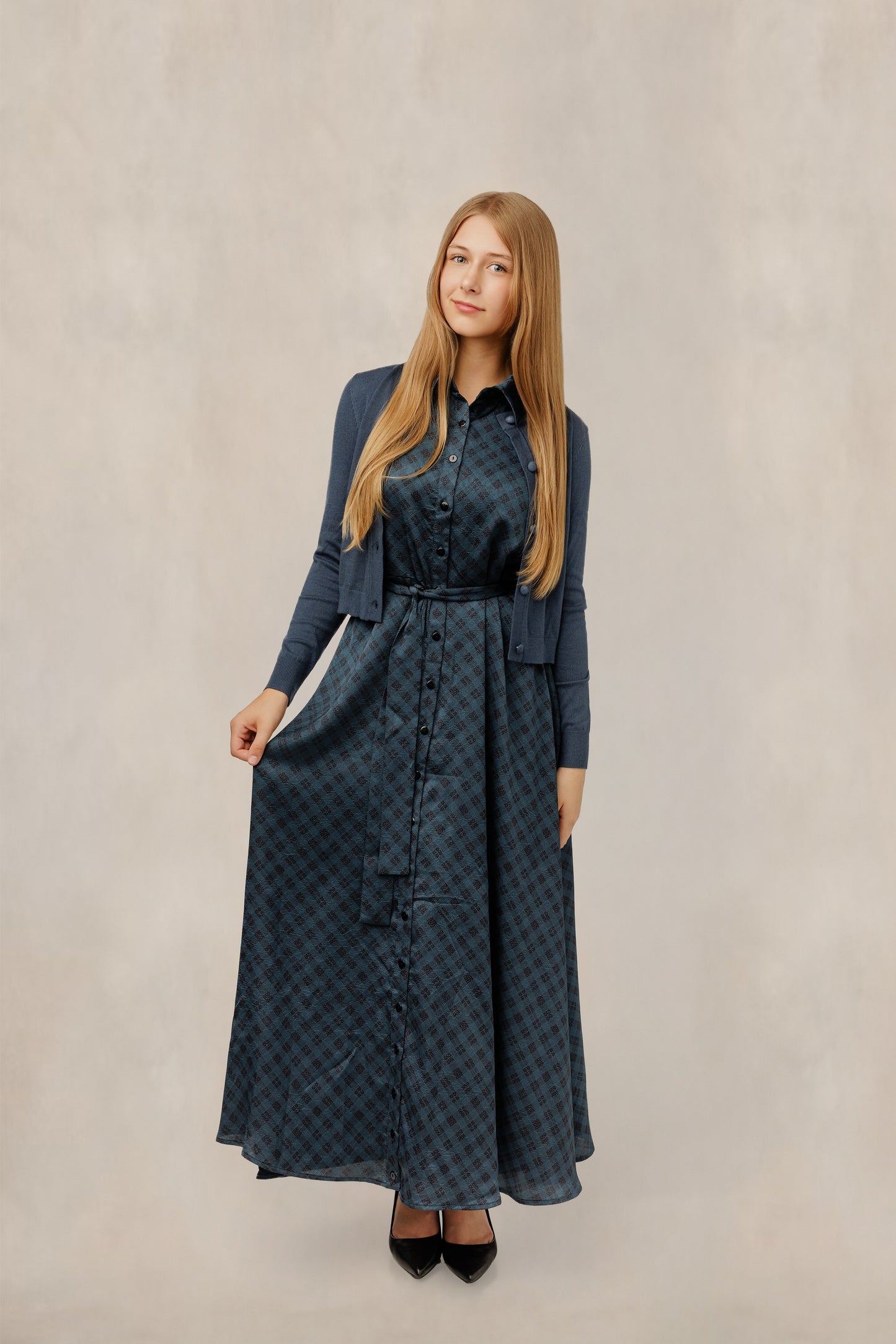 Teal Plaid Print Button-Down Dress W/ Cardigan