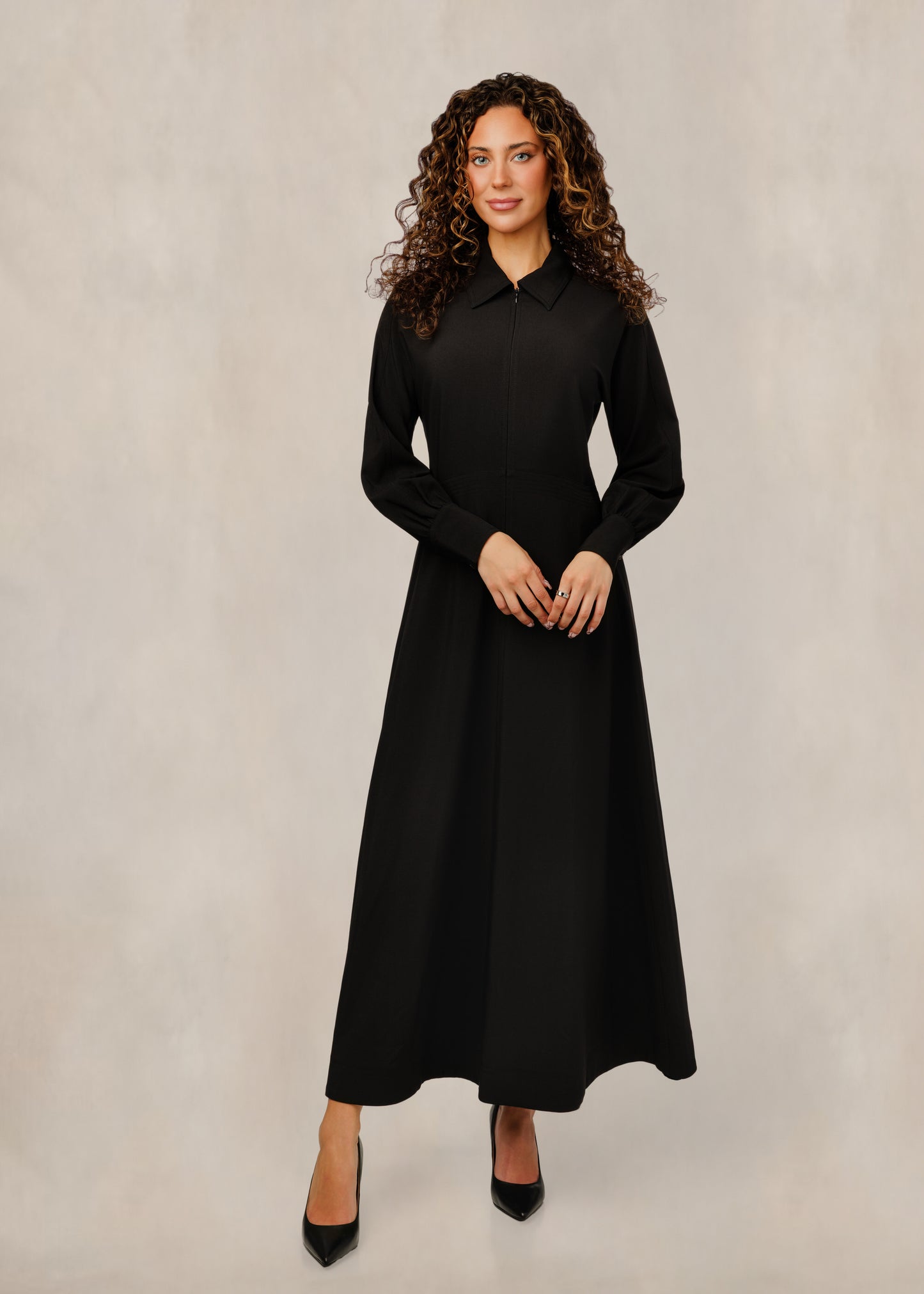 Long Sleeve Zip Front Dress - Black