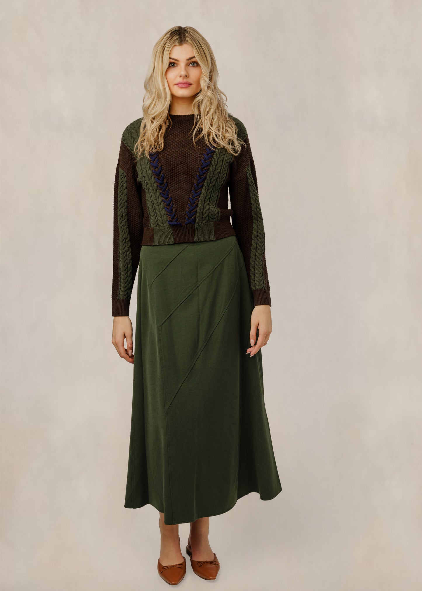 Brown & Olive Cable Knit Lace-Up Sweater
