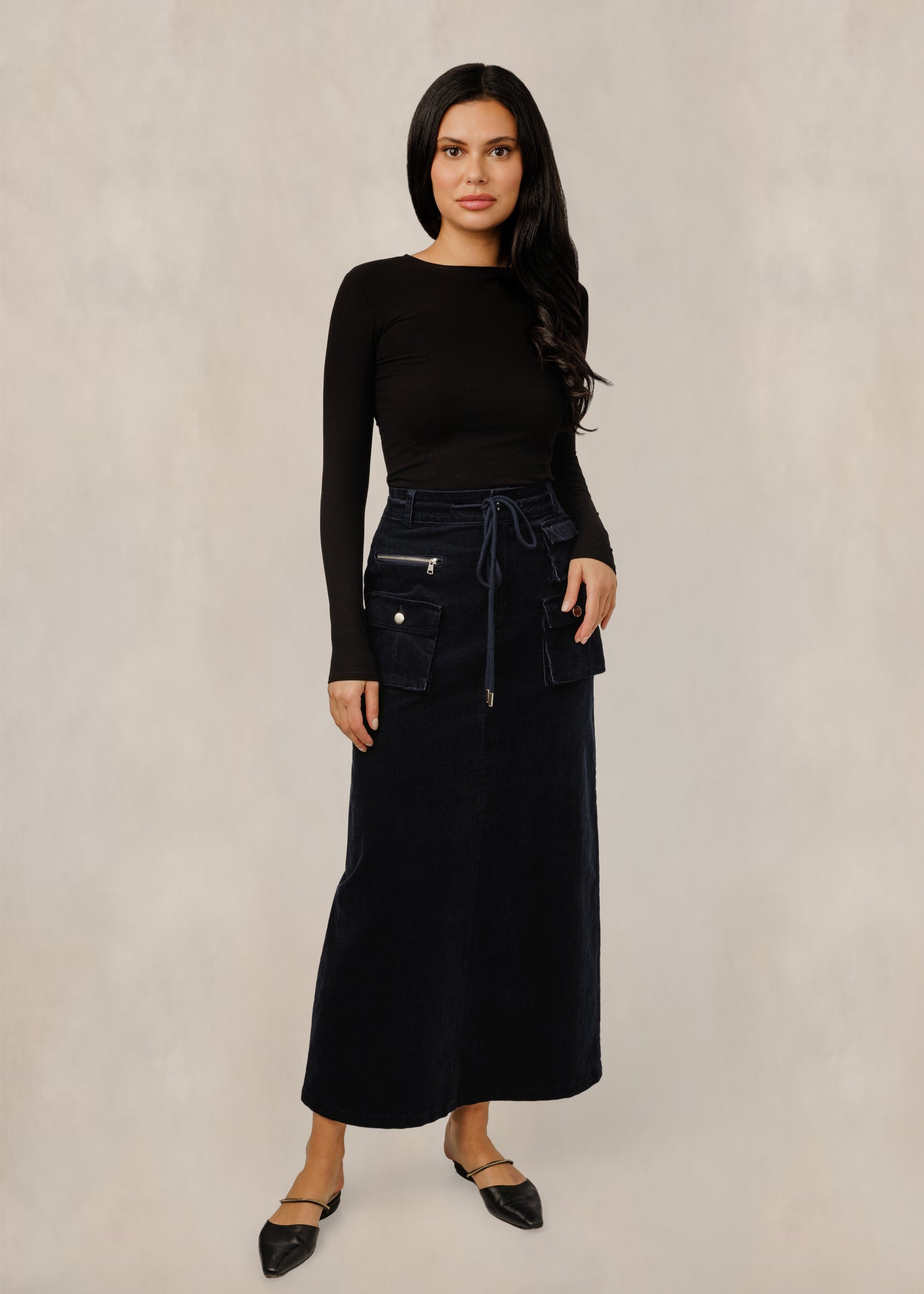 Navy Denim Utility Pocket Drawstring Skirt