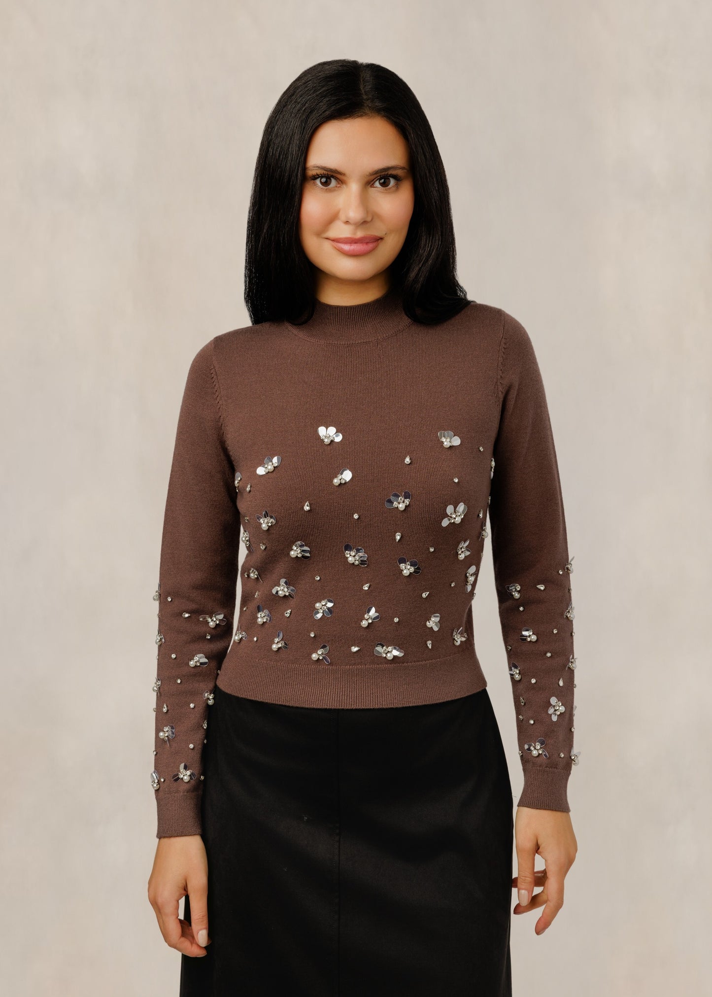 Metallic Sequin Flowers Sweater - Brown