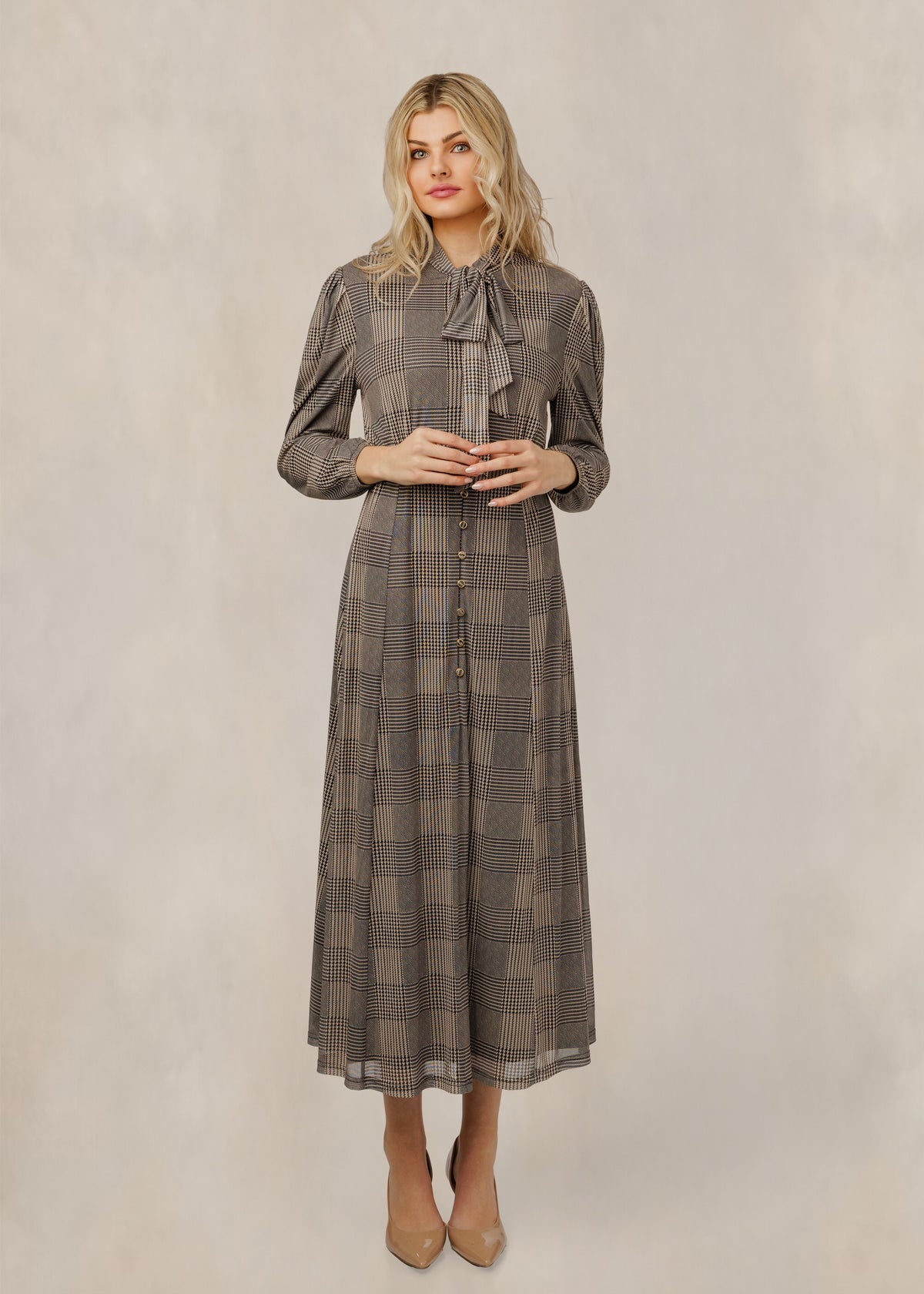 Brown Plaid Dress With Neck Tie