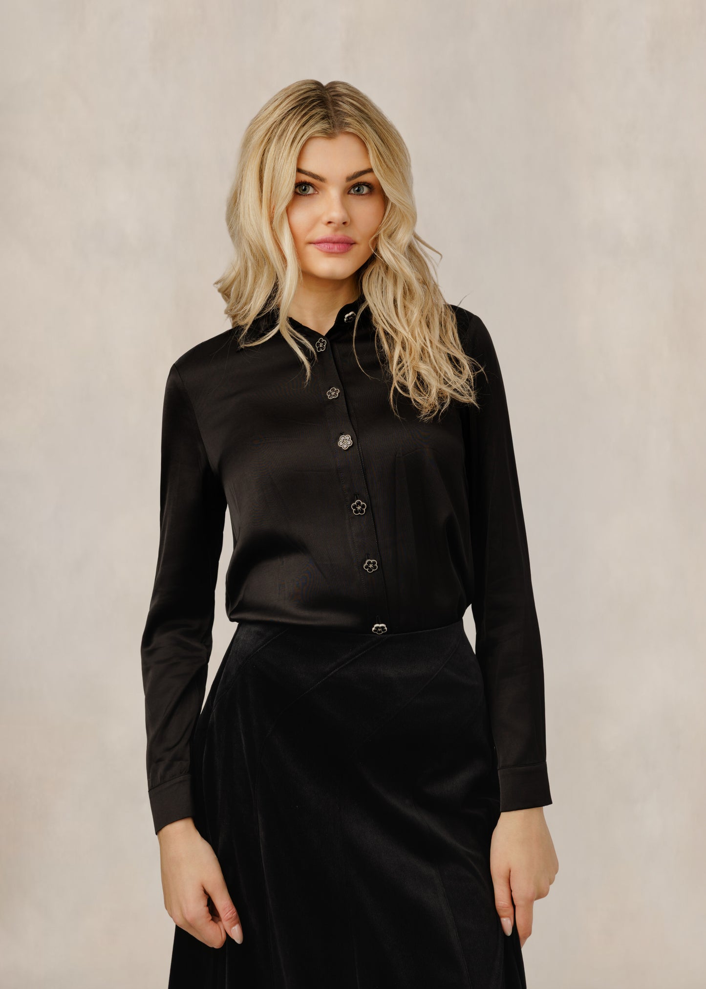 Floral Button Black Satin Shirt