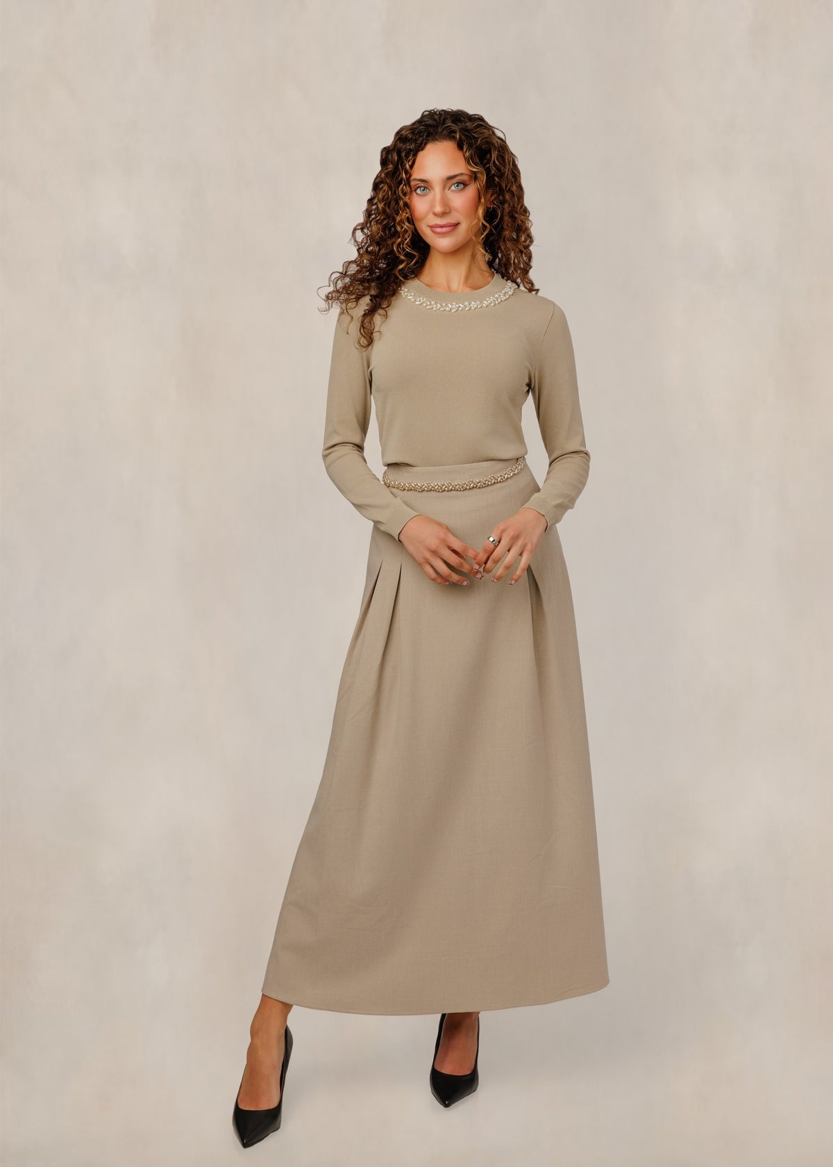 Tan Sweater With Gem Neckline Trim