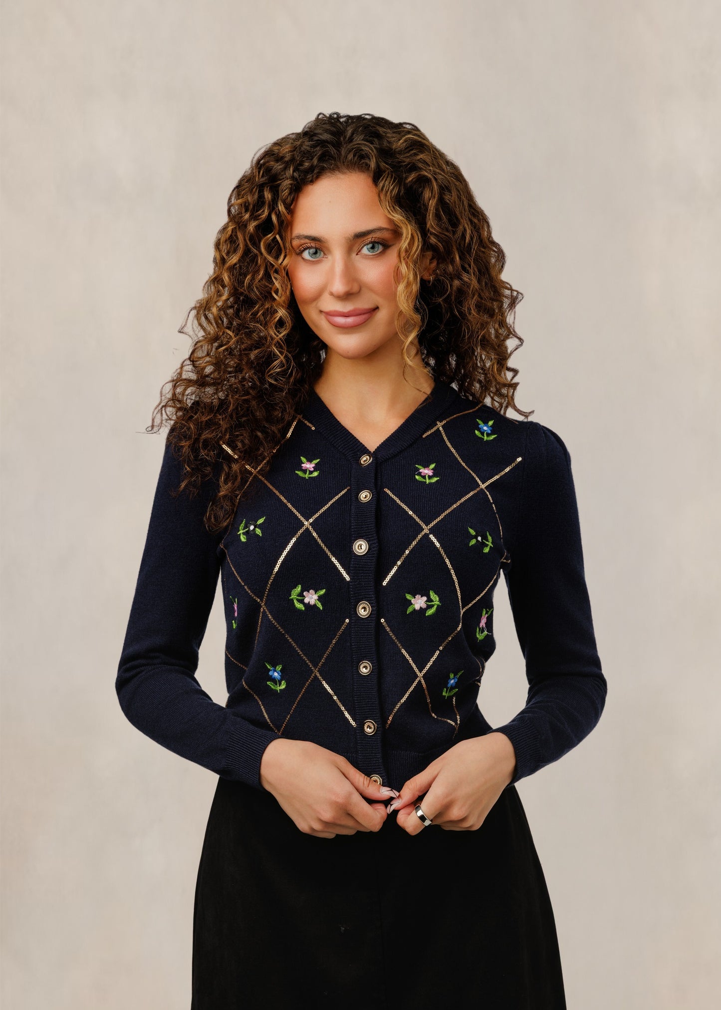 Navy Diamond Sequinned Floral Cardigan
