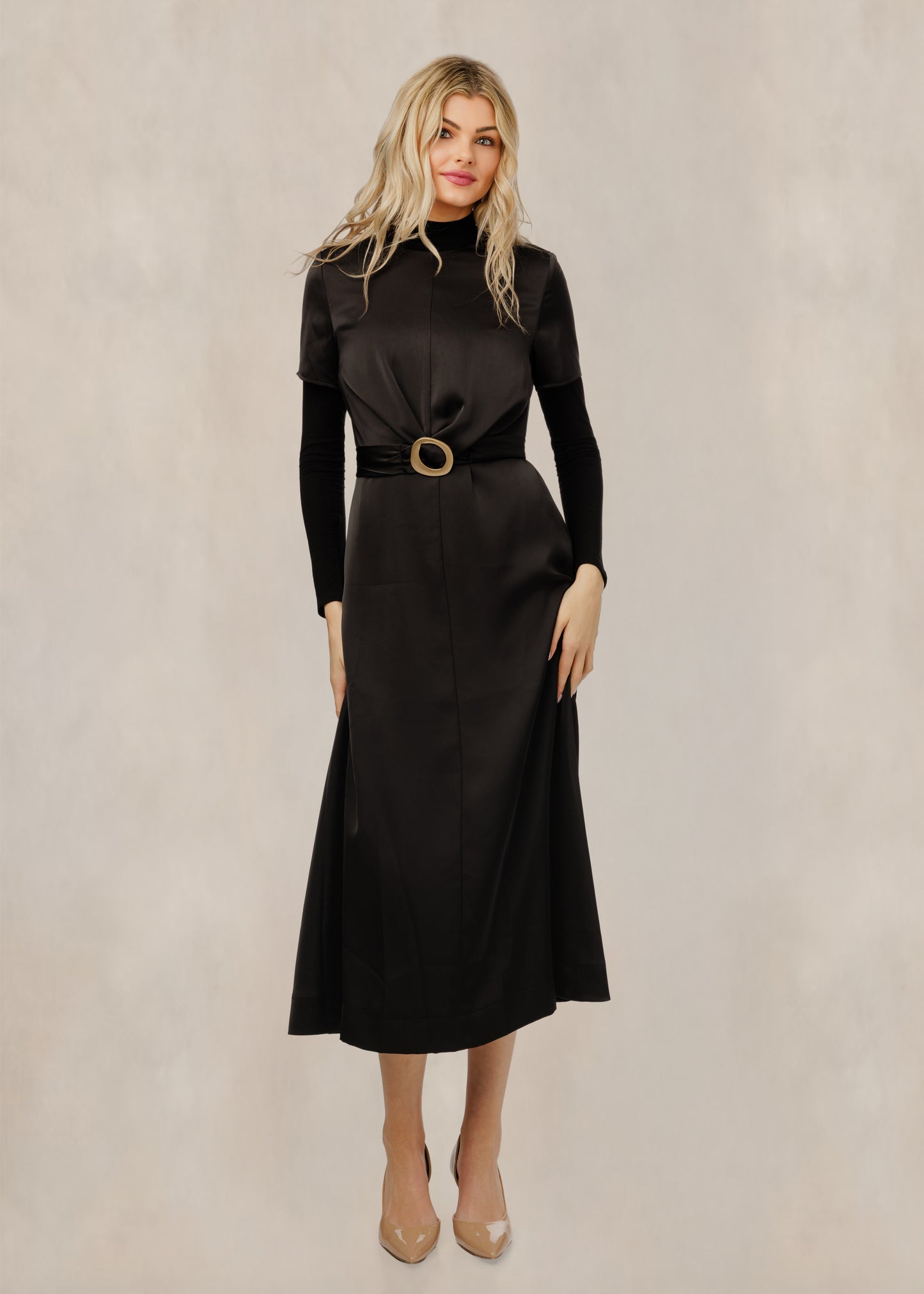 Silky Dress With Belt - Black