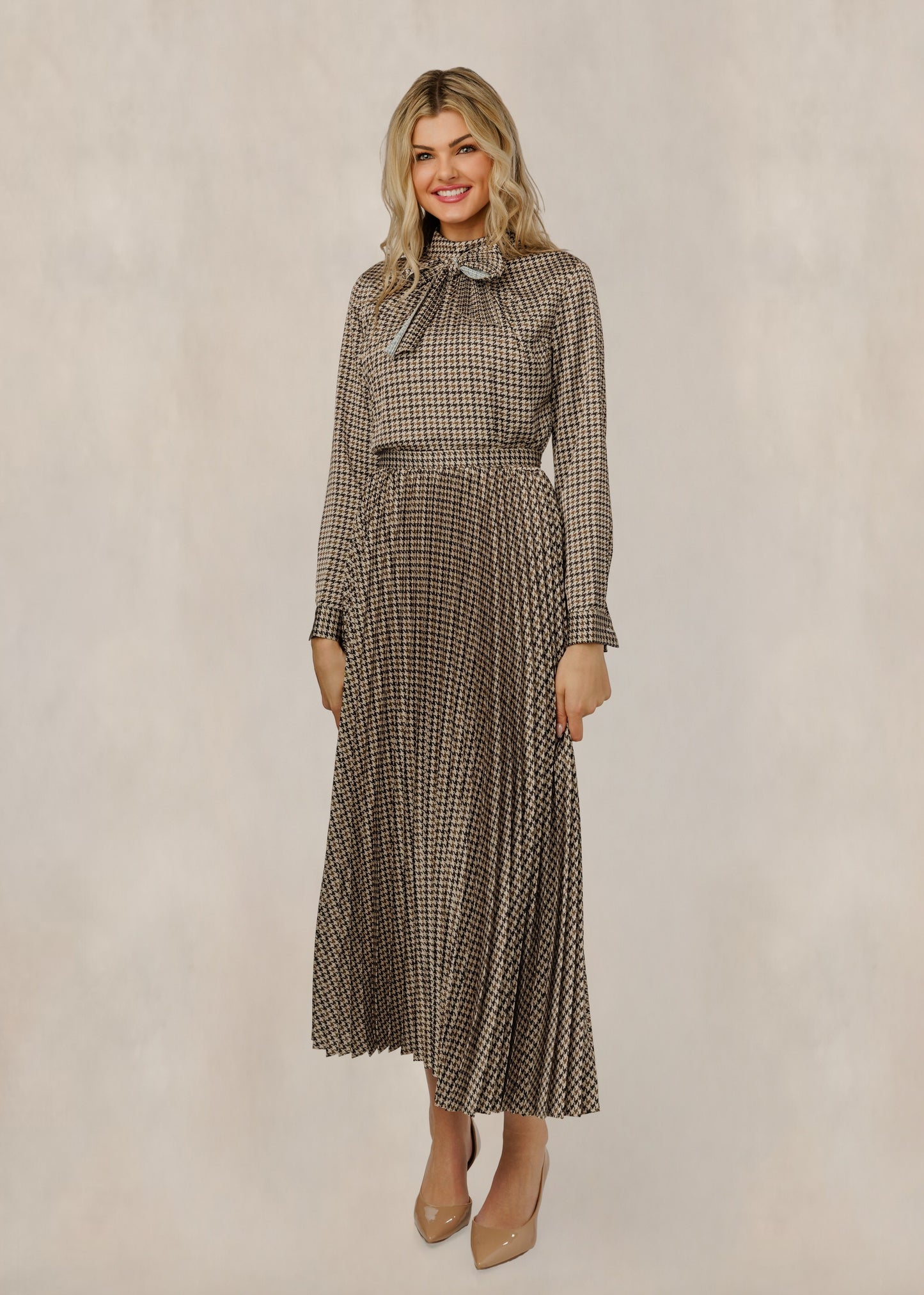 Brown Houndstooth Dress With Neck Tie