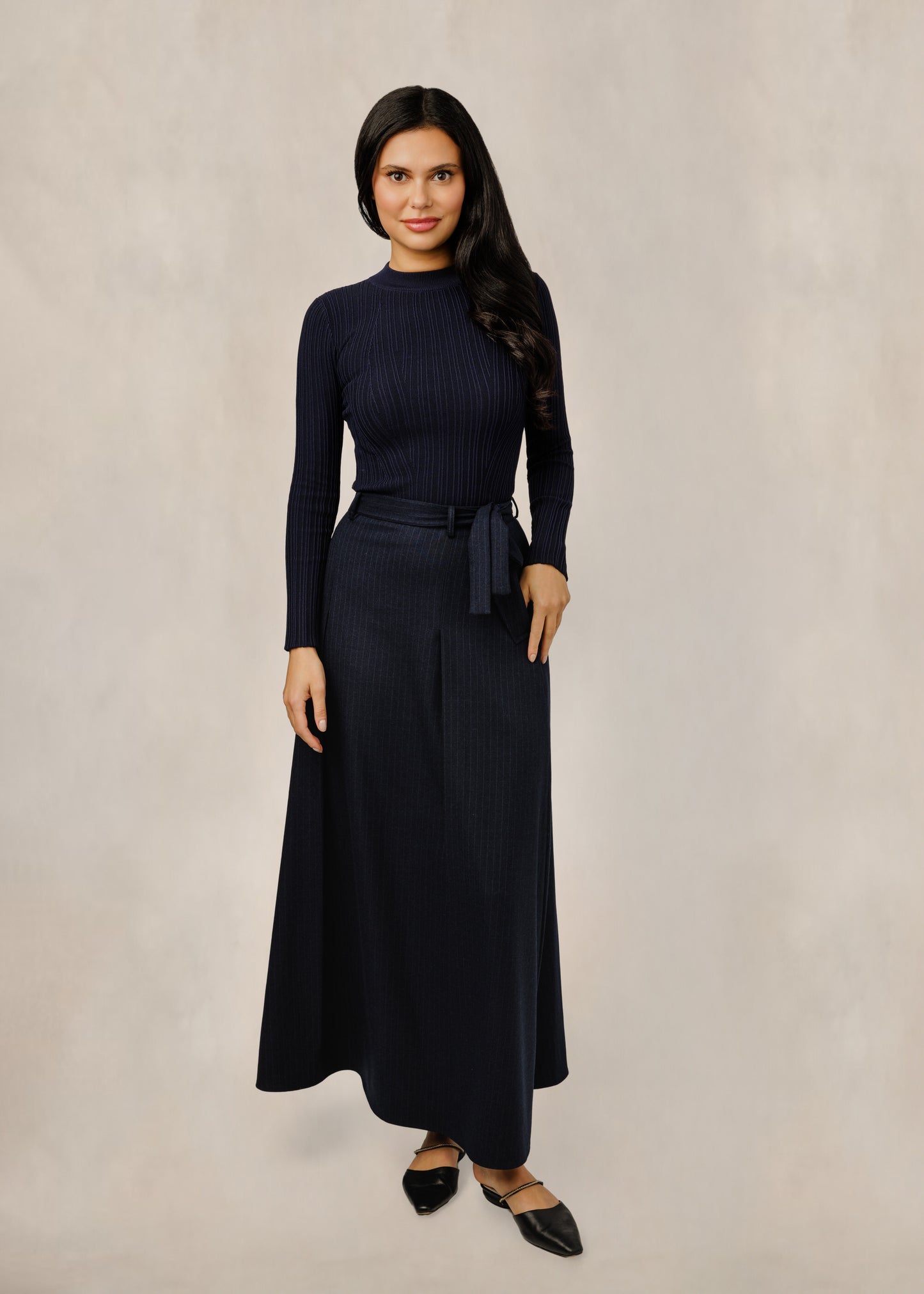 Navy Blue Skirt With Tie Belt