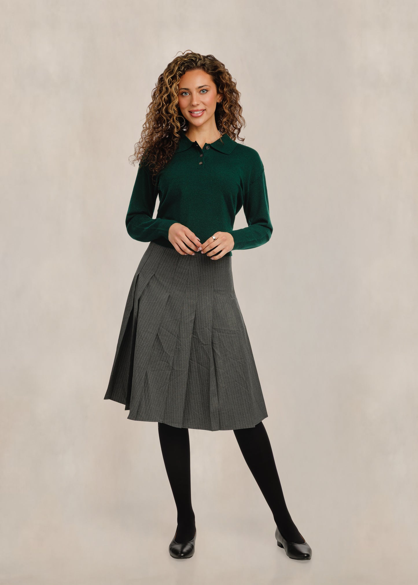 Pinstripe Pleated Knee-Lengths Skirt - Grey