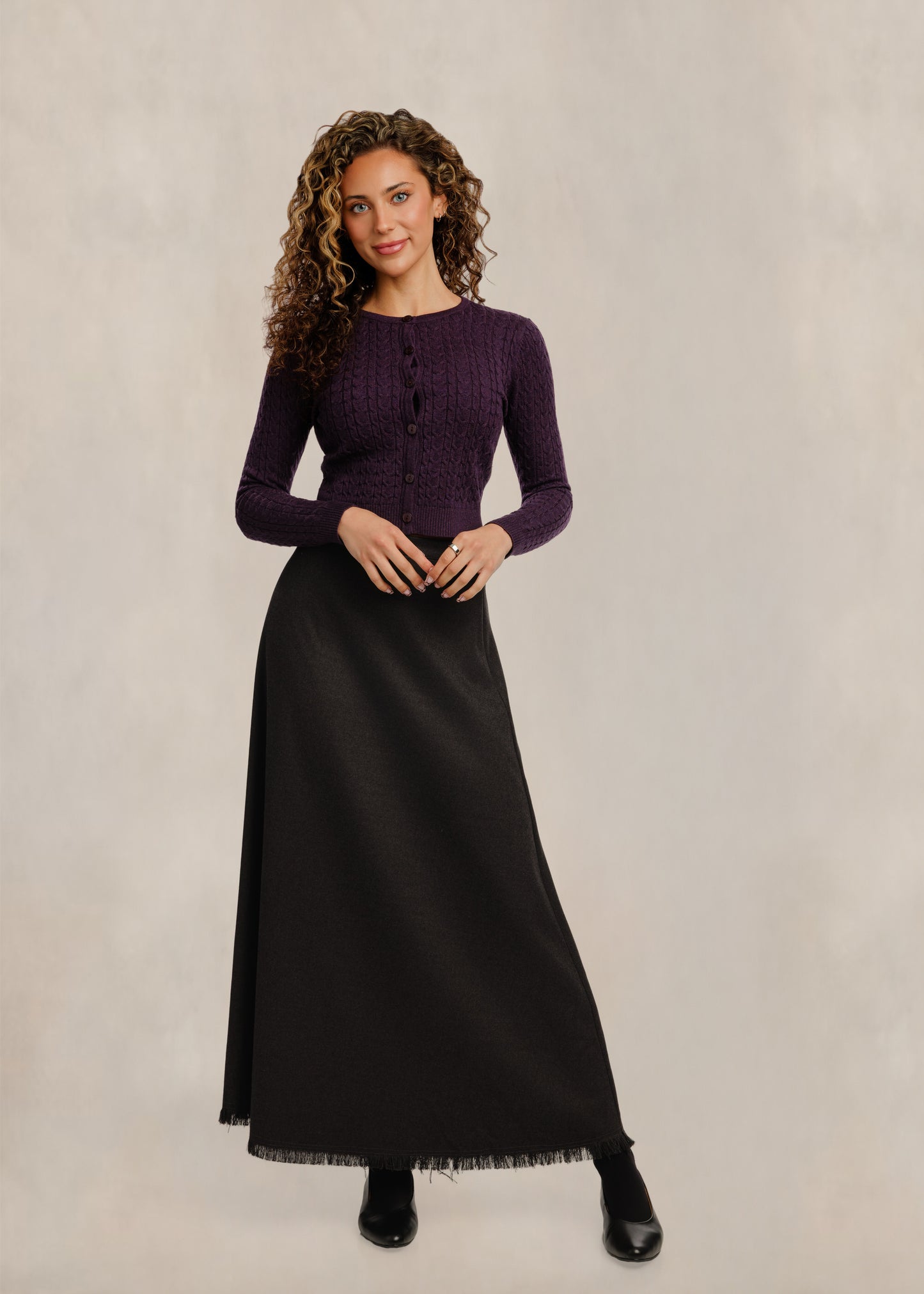 Cable Knit Button Front Cardigan - Plum