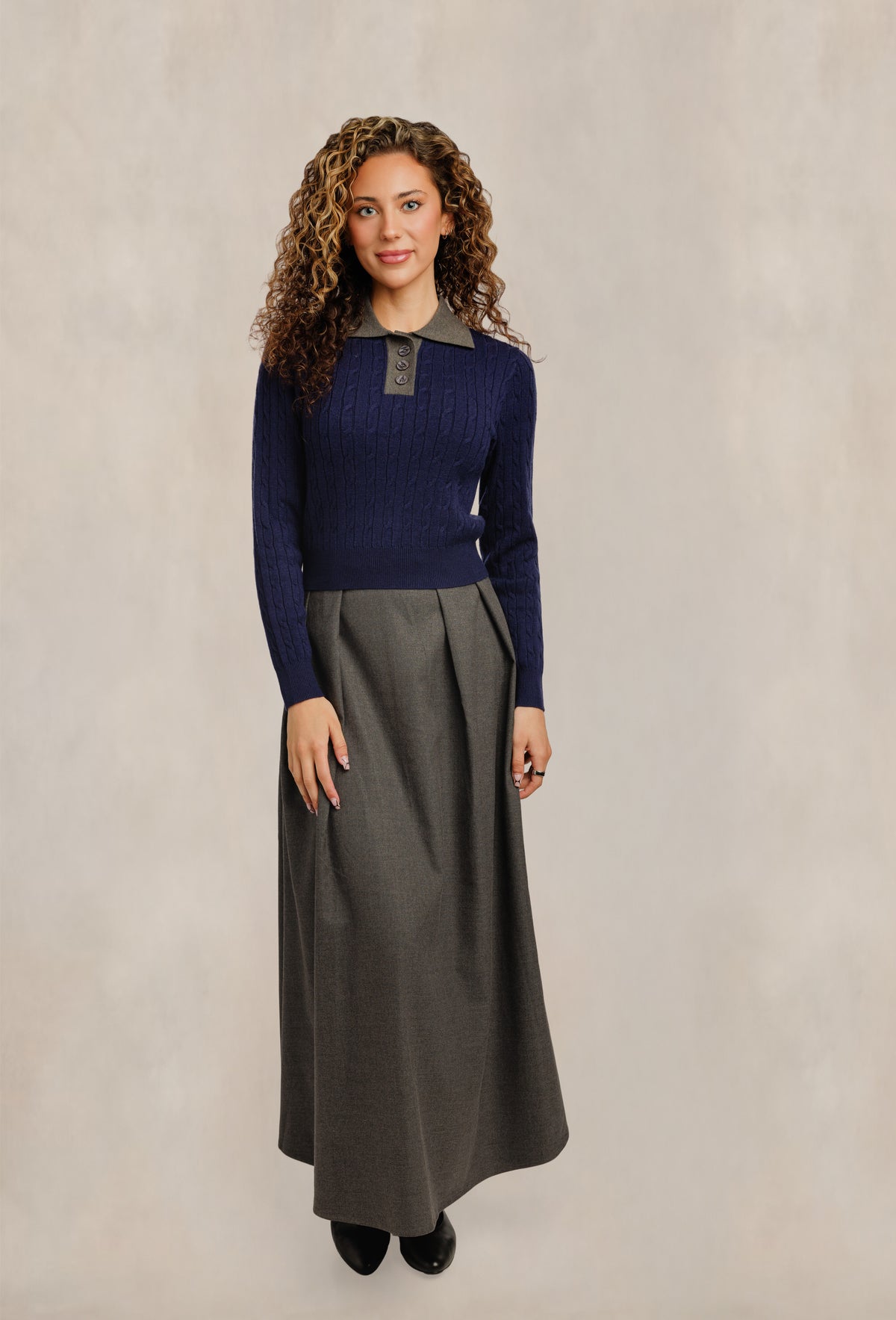 Contrast Collared Sweater - Navy/Heather Grey