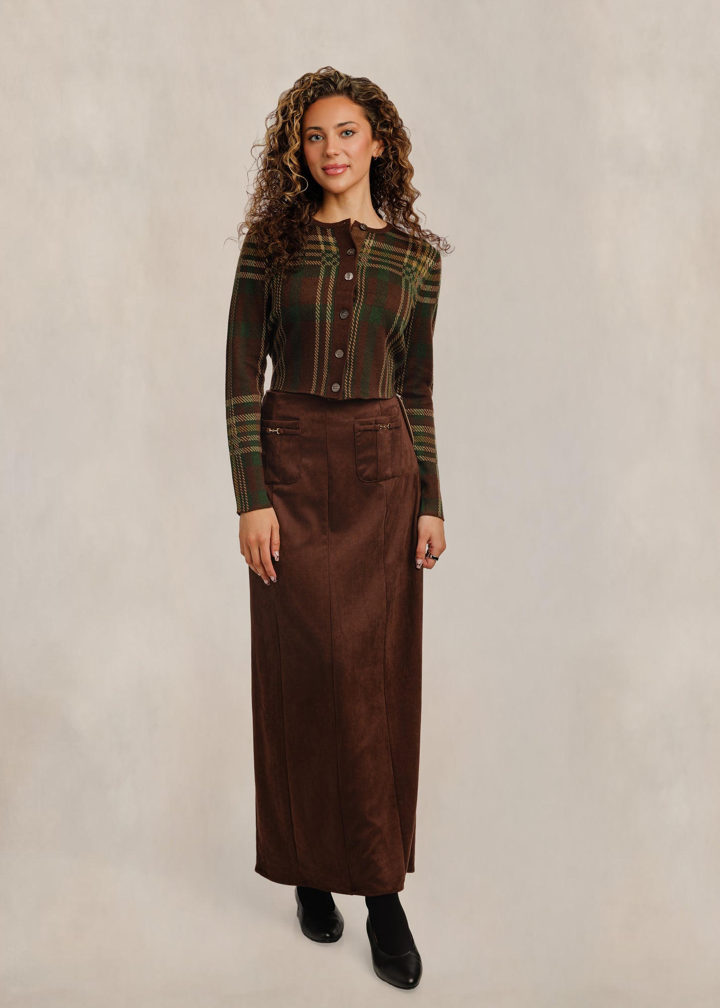 Front Horsebit Pocket Suede Skirt - Brown