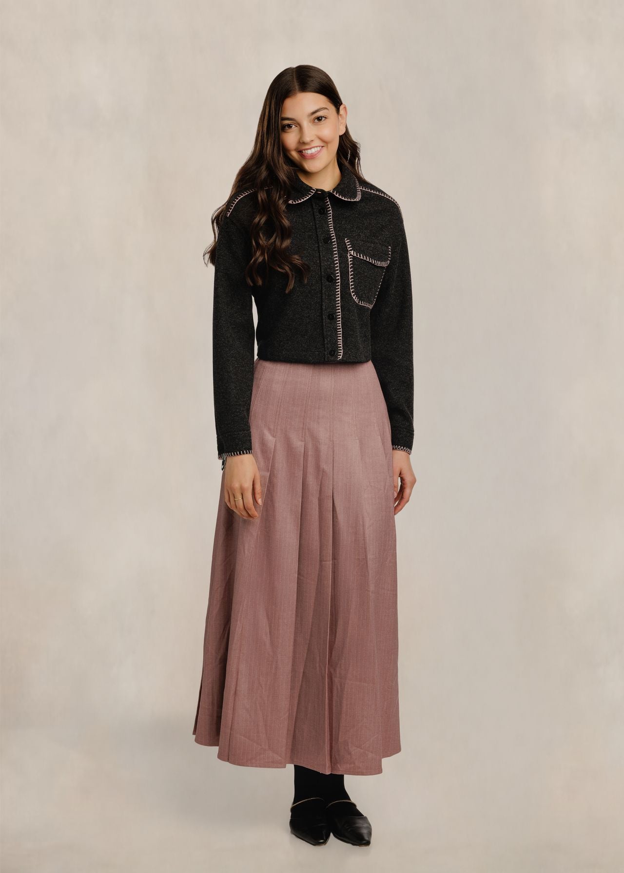 Pleated Pinstripe Skirt - Rose
