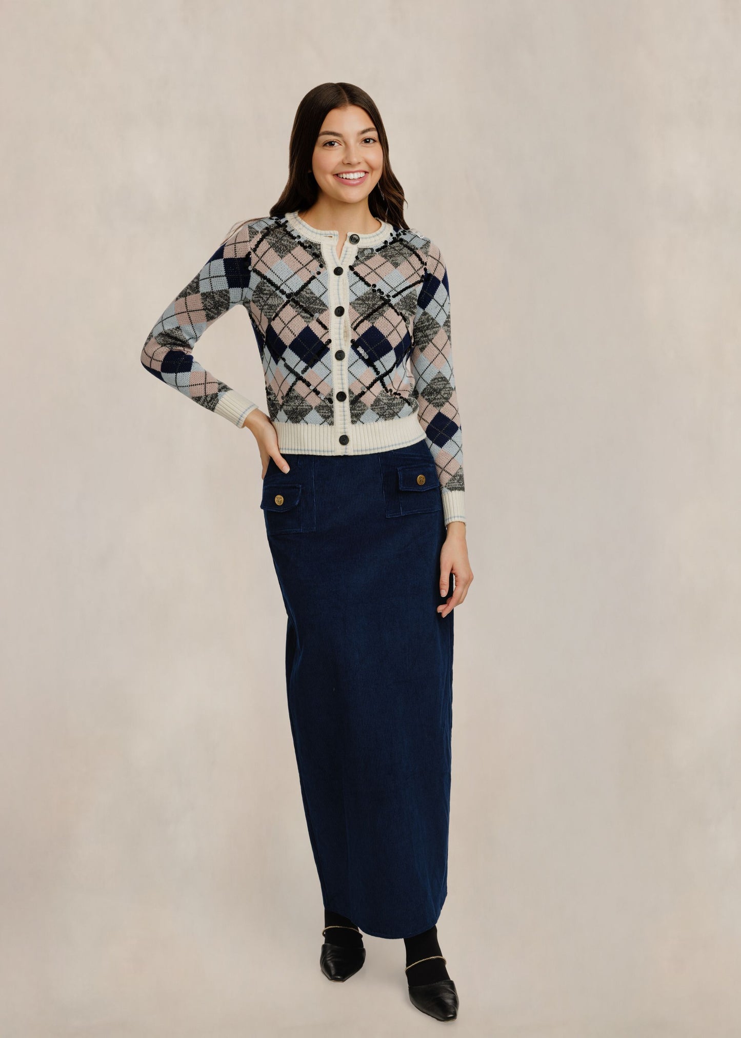 Sequinned Argyle Cardigan - Ivory
