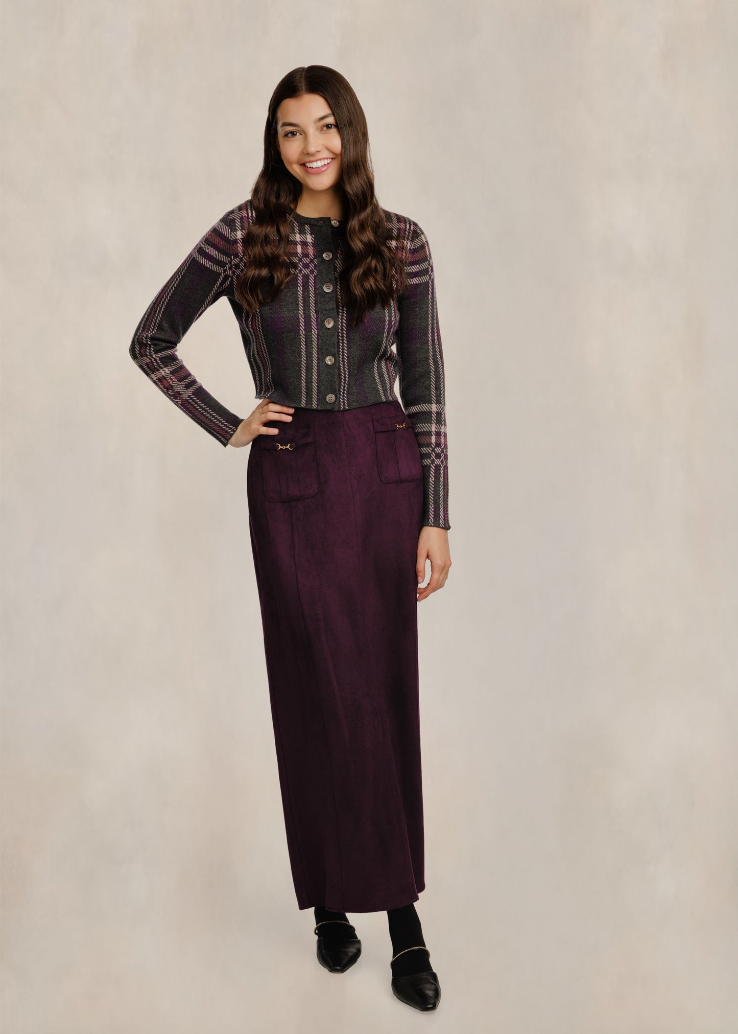 Front Horsebit Pocket Suede Skirt - Plum