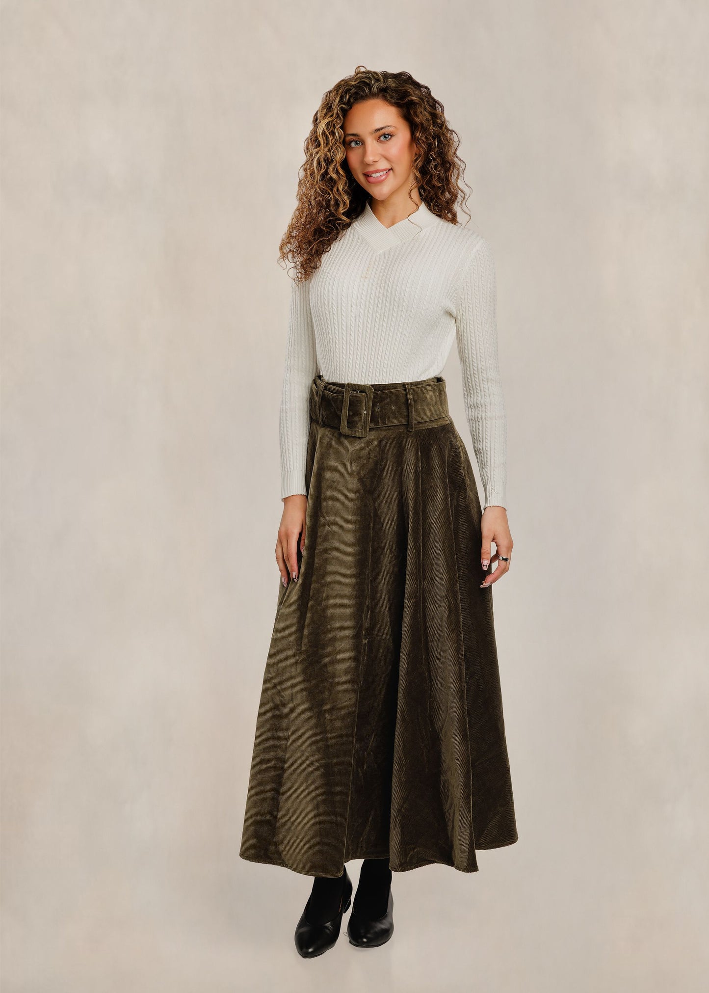 Corduroy Circle Skirt W/ Wide Belt - Olive