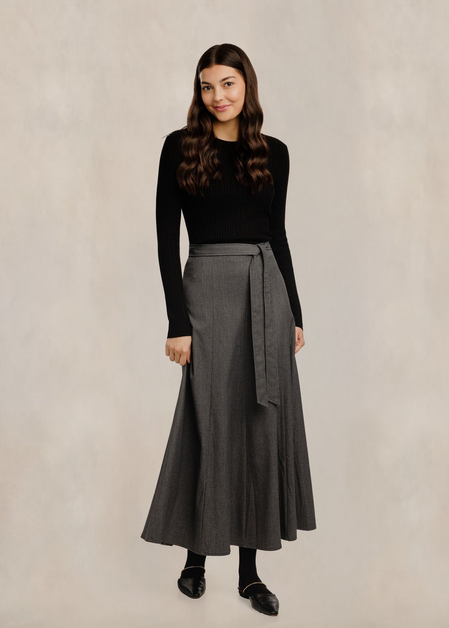 Waist Tie Flowy Panelled Skirt - Heather Grey